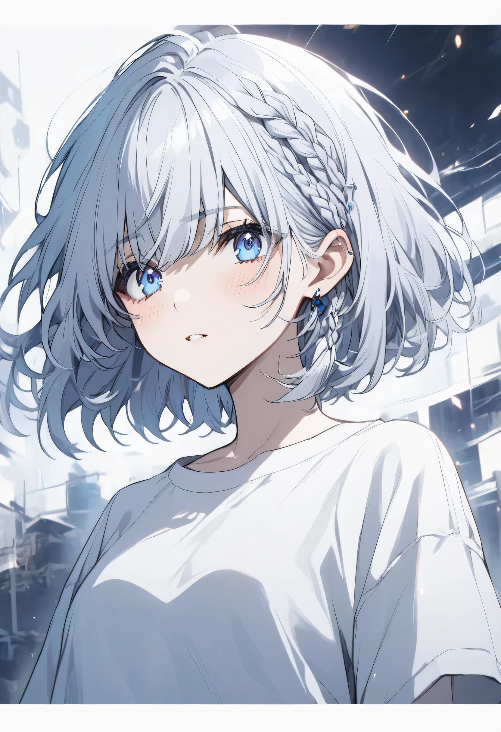 beta, short hair, blue eyes, braid, grey hair