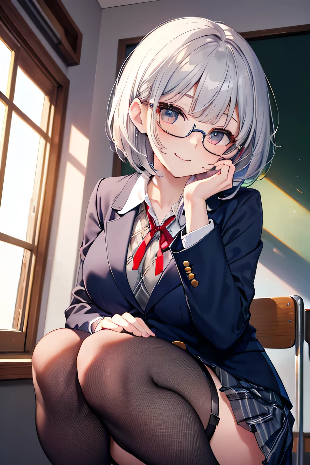 1 girl, glasses, hair clip, school uniform, blazer, cardigan, sleeves past wrists, black necktie, gray skirt, long socks, shoes, looking at viewers
