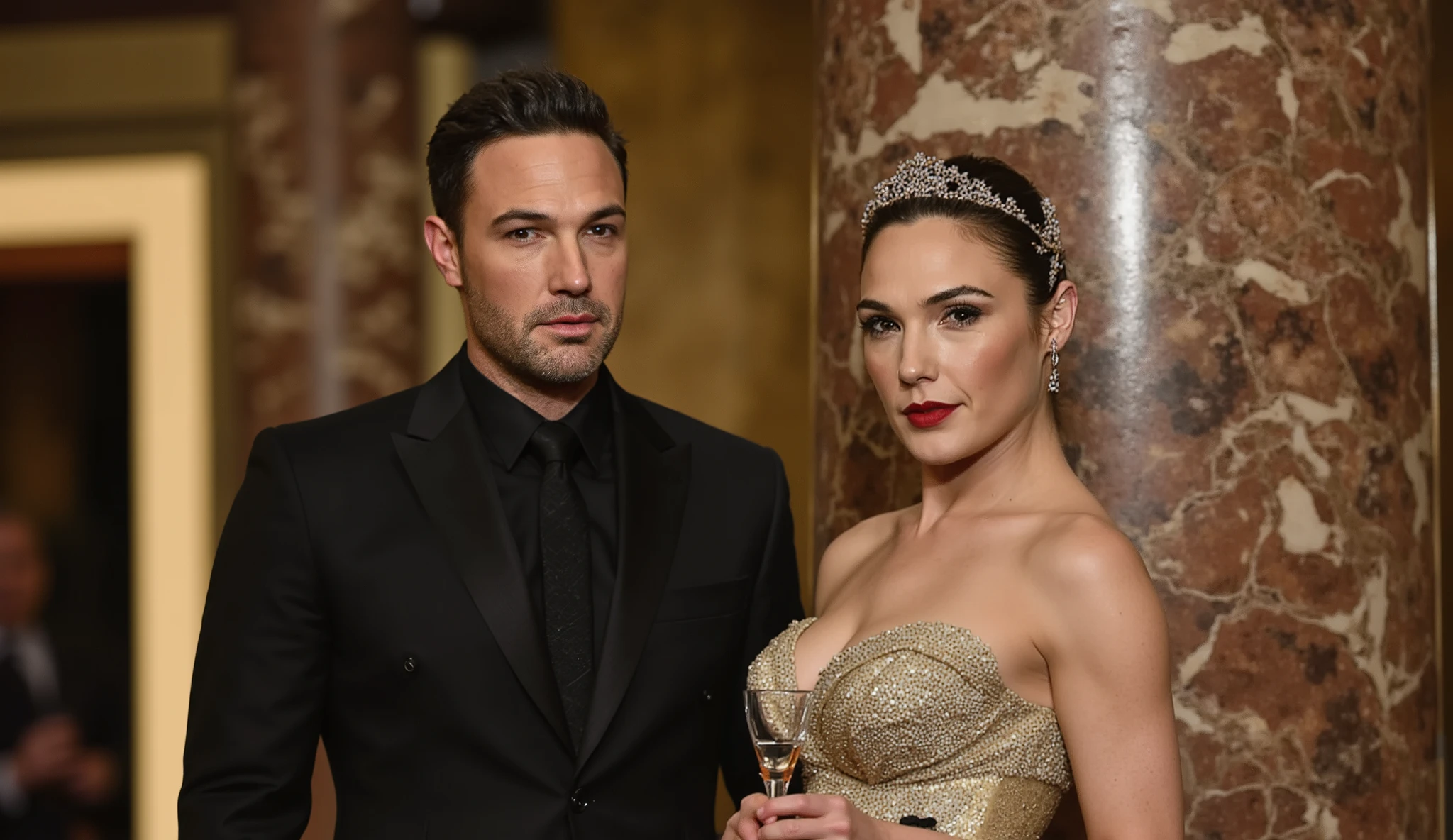 AFFLECK24 in classic suit standing beside gal gadot in a strapless gold lamé gown, tiara sparkling, red lips parted mid-speech. She holds a champagne flute, standing beside a marble column at a black-tie event. Soft golden lighting, art deco backdrop.