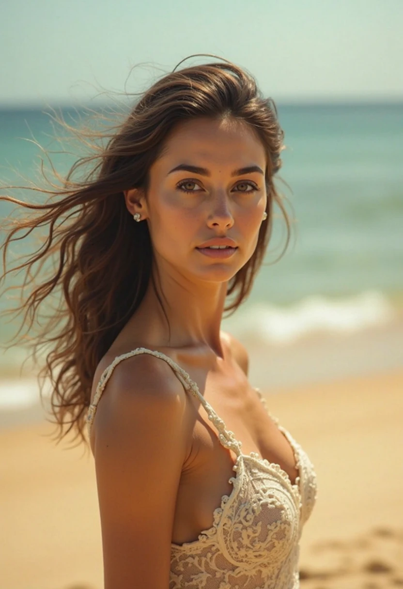 Realistic photo of a beautiful 3l1z4b3thh woman, 1girl, solo, looking at viewer, blue eyes, brown hair, dress, outdoors, lying, sky, day, white dress, blurry, lips, depth of field, blurry background, ocean, beach, crossed arms, on stomach, realistic, soft lighting, professional Photography, Photorealistic, detailed, RAW, analog, sharp focus, 8k, HD, high quality, masterpiece<lora:3l1z4b3thh:1.0>