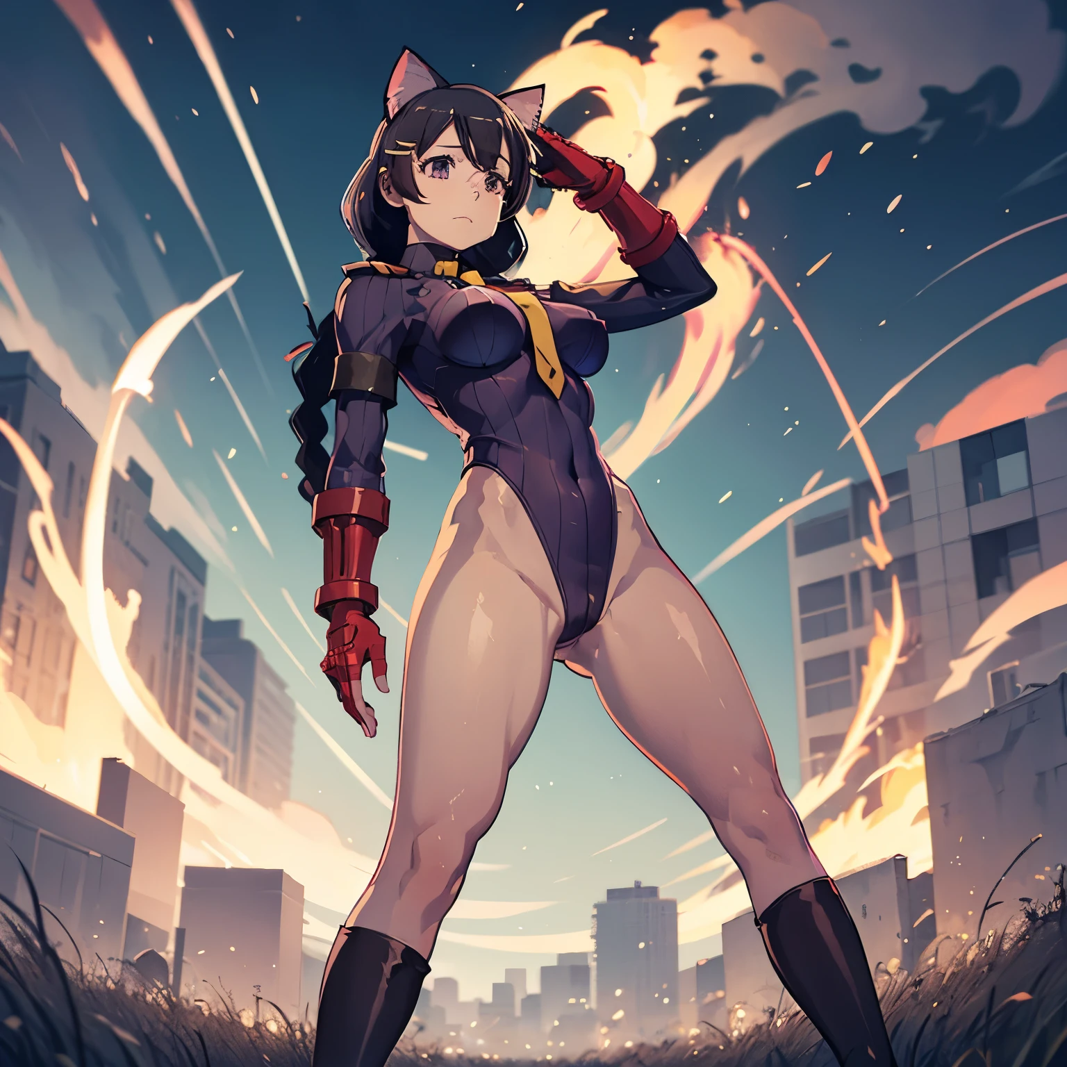 ultra-detailed, Explicit, Beautiful body, Beautiful Nose, Beautiful character design, perfect eyes, perfect face, ultra highres, 4K, beautiful legs, perfect legs, Nice hands, Perfect hand, Masterpiece, Best Quality, Highly detailed, illustration, absurdres, perfect anatomy, street fighter, doll suit, shadaloo doll, dollsuit, expressionless, blank eyes, looking at viewer, red gloves, emotionless, black latex, corrution, mind control, female combatant, full body, hypnotized, unhappy trance, full body suit, ribbed bodysuit, both arms at side, obey, perfect female body, extremely glossy latex, hypnosis, hypnoLora, empty eyes, Mind control device, poses, submissive_pose, Slave, hat, necktie, stand up straight, standing, standing at attention, hat, necktie, belt, latex, ribbed bodysuit, thighhighs, garter belt, Fighting Stance, extending the right arm from the shoulder into the air with a straightened hand, military, thigh boots, 1girl, hair ornaments, purple hair, long hair, yellow eyes, Jahy-sama