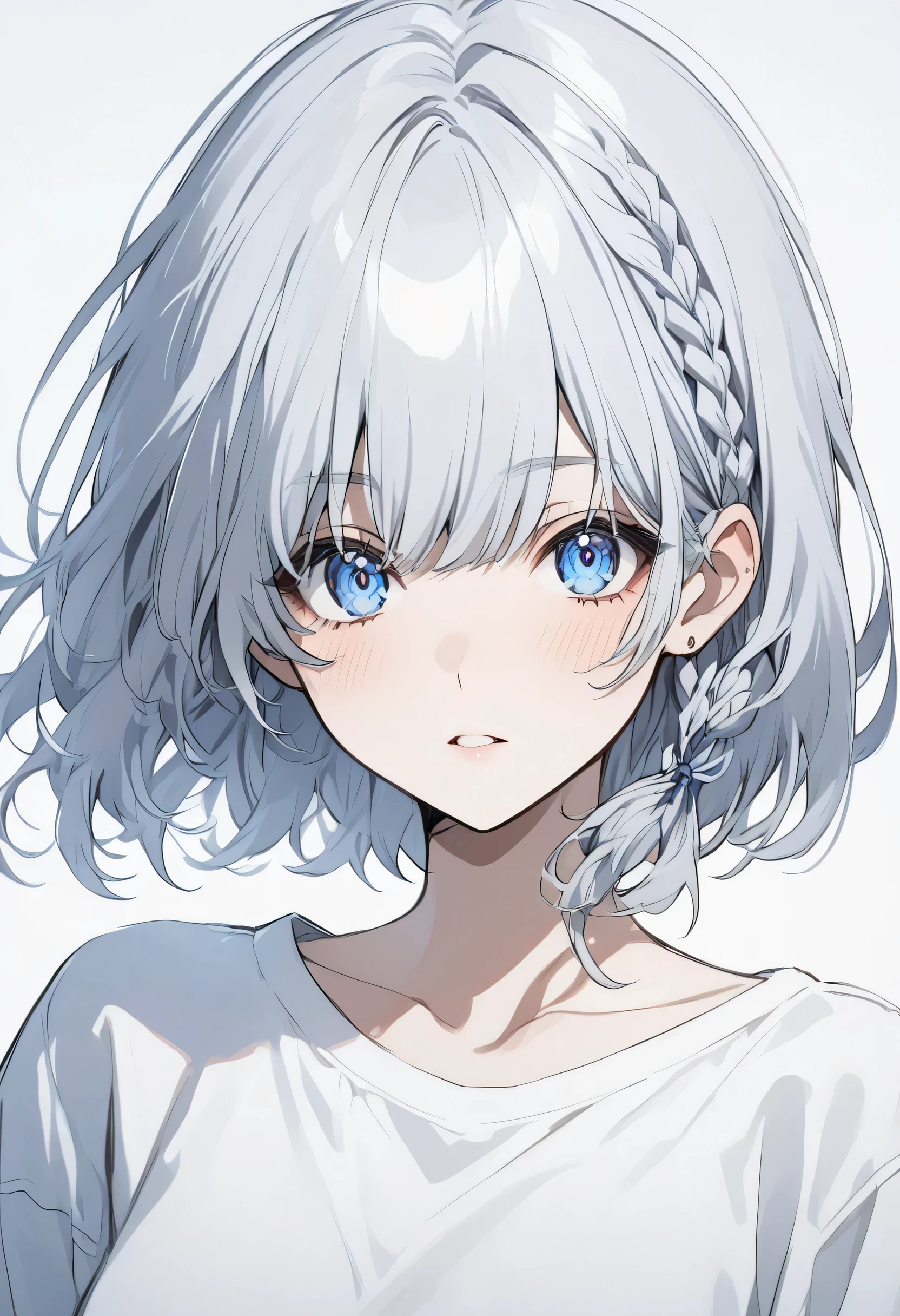 beta, short hair, blue eyes, braid, grey hair