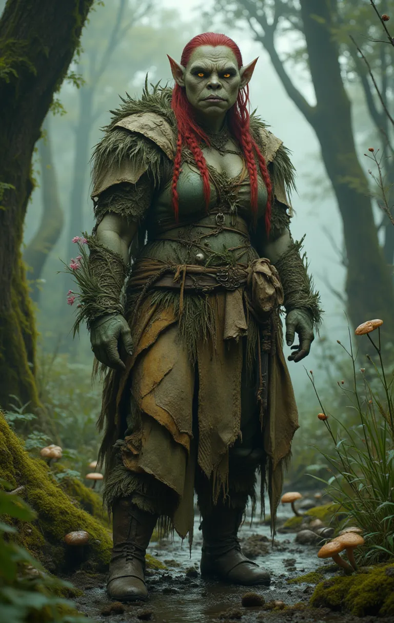 Young orc woman, big fangs, female orc, (green skin) , peaceful expression, dirty clothes and hair, wool and fur clothes, (wearing linen dress), bone jewelry, big body, muscular, big sagging breasts, forest background, natural lighting, highly detailed, 4k, photorealistic, dramatic lighting, cinematic, fantasy art, ultra high quality, sharp Focus, orczor, shewoworc, full body