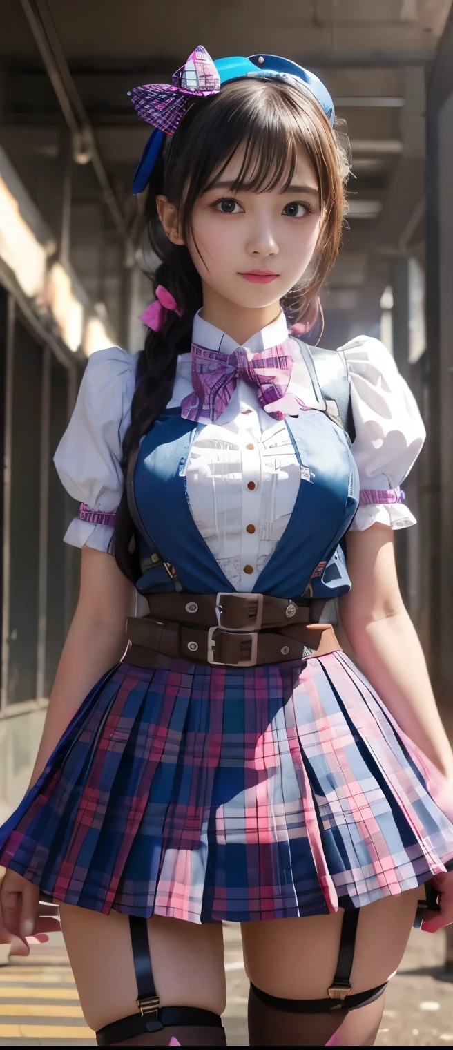 Pure idol girl covered in paint、A pure girl's face、 hypo、Steampunk Uniform、blue and pink checkered pleated miniskirt、)Bubble Belt、Light-emitting chainsaw