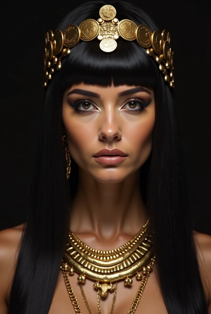 Portrait photo of Cleopatra, very detailed face, depth of field, moody lighting, atmospheric lighting, Egyptian headgear, very detailed, style of Dan Winters, Russell James, Steve McCary, centered, very detailed, Nikon D850, Award Winning Photography, Full Body, Big Tits