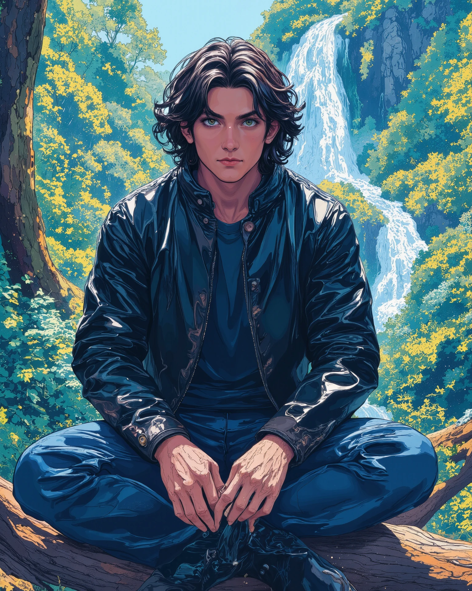A young man with wavy black hair and a sharp, intense gaze sits on a weathered log in a lush green forest. He wears a black leather jacket over a dark blue shirt and jeans, exuding a cool and mysterious aura. His black boots rest on the ground, , reflecting the soft ambient light. A majestic waterfall cascades in the background, adding a serene yet powerful atmosphere. The image has a semi-realistic, cinematic, and painterly style, with detailed textures, soft lighting, and vibrant greenery surrounding the scene."
