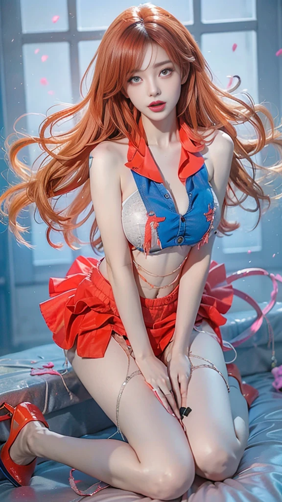 Ultra-real photo of 18-year-old Pippi Longstocking, mischievous eyes, long red tousled and braided hair, sexual, Sloppy look, Short skirt, In Dynamic, smiling, bright colors, Intricate details of her beautiful eyes and perfect face.