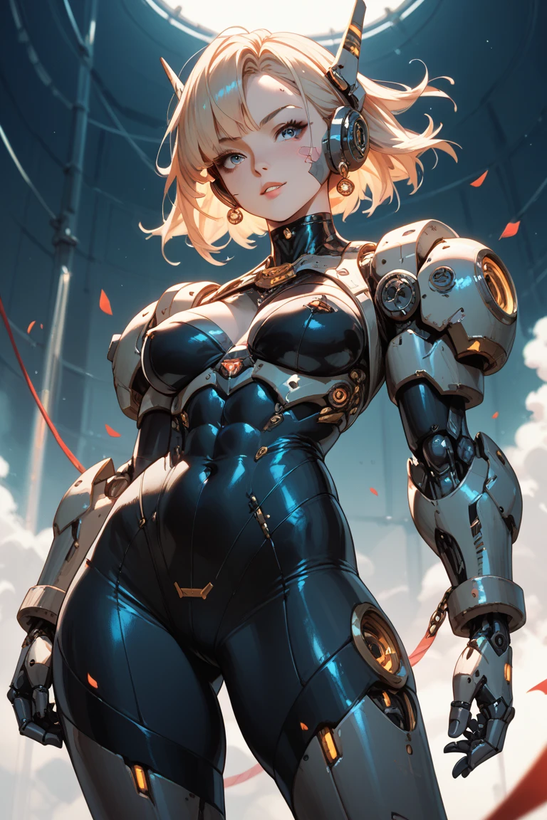 (body_builder:1.5),(medium boobs),(girl),1 girl,albino girl slowly being taken over by robotic transformation, sci fi background, wires in skin,bob hair, innocent face