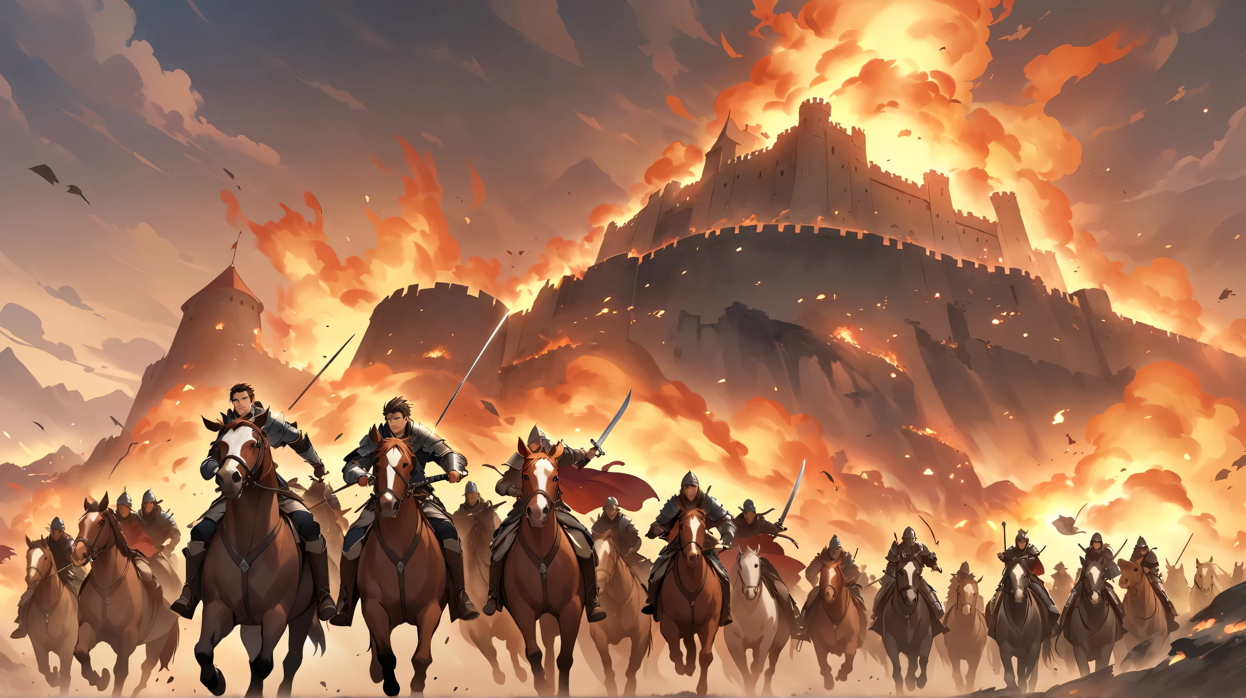 fantasy。middle ages。A young male warrior riding a horse and holding a sword while facing the enemy on the battlefield。A warrior who runs through a battlefield on horseback。The castle is burning in the distance。war。count4people。Enemies are coming。anime style。brave expressions。Lots of enemies and lots of friends。draw a face clearly。