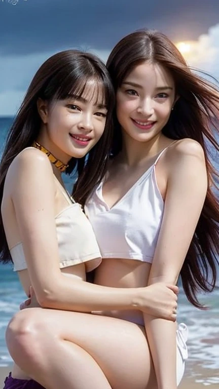 very cute,(Q cup super bust)Full body,Long hair that reaches down to the waist,Red hair,woman,,Height: 158cm,(Tiny Micro Bikini:1.2),(A deep hug with a woman on the beach:1.3),(Front view:1.5),happy