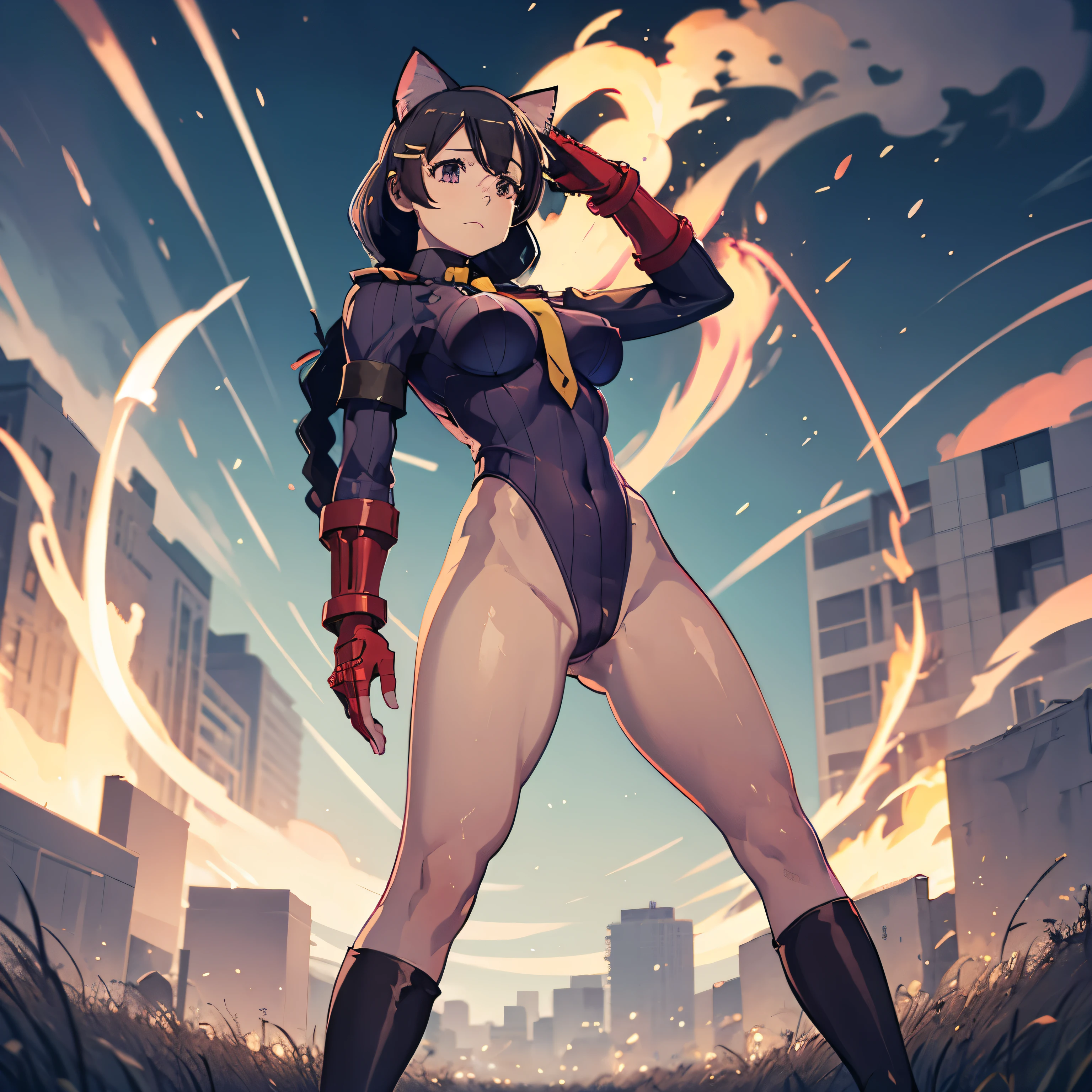 ultra-detailed, Explicit, Beautiful body, Beautiful Nose, Beautiful character design, perfect eyes, perfect face, ultra highres, 4K, beautiful legs, perfect legs, Nice hands, Perfect hand, Masterpiece, Best Quality, Highly detailed, illustration, absurdres, perfect anatomy, street fighter, doll suit, shadaloo doll, dollsuit, expressionless, blank eyes, looking at viewer, red gloves, emotionless, black latex, corrution, mind control, female combatant, full body, hypnotized, unhappy trance, full body suit, ribbed bodysuit, both arms at side, obey, perfect female body, extremely glossy latex, hypnosis, hypnoLora, empty eyes, Mind control device, poses, submissive_pose, Slave, standing straight, standing, standing at attention, hat, necktie, belt, latex, ribbed bodysuit, thighhighs, garter belt, Fighting Stance, extending the right arm from the shoulder into the air with a straightened hand, military, thigh boots, (((pixel-perfect, detail-perfect))), solo, 1girl, hair ornaments,  long hair, blue hair, ponytail, hair ribbon,  brown eyes, Tsuruga Ami, Megami no Cafe Terrace, huge breast
