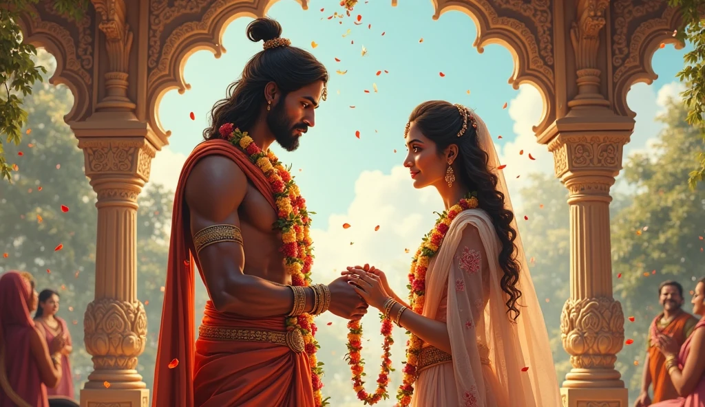 Experience the divine bond of siblings as a realistic depiction of Lord Hanuman sits on a stone, while his sister lovingly ties a rakhi on his wrist in a serene outdoor setting.