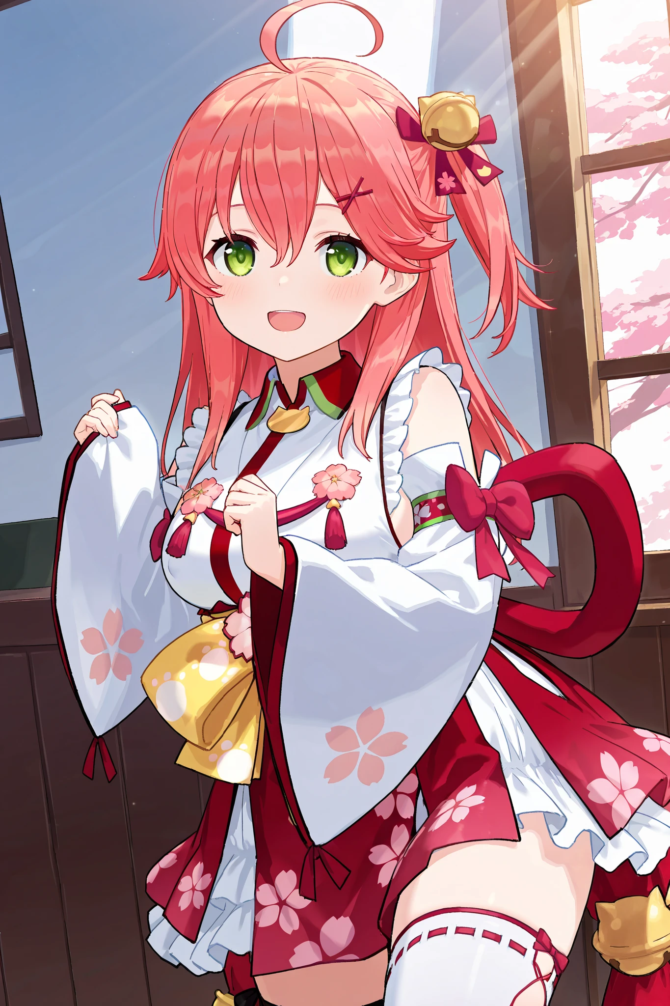 best quality, highres, miko1, sakura_miko,virtualyoutuber 1girl, big_, solo, ahoge, x_hair_ornament, light_red_hair, floral print, hairclip,(side_less_clothes:1.5),  hair_bell, floral print, long_hair, hair between eyes, one side up, white thighhighs, asymmetrical legwear, wide sleeves, open_mouth,(happy:1.3),green_eyes,big_smile,plump,half_closed_eyes,(overly_long_sleeves:1.3),),sleeves_past_wrists,hands_hidden_sleeves,sidelock_clothes,solo,hidden_wrists,covered_nipples,sunlight,cherryblossom_temple_landscape_background,rise_arms, 