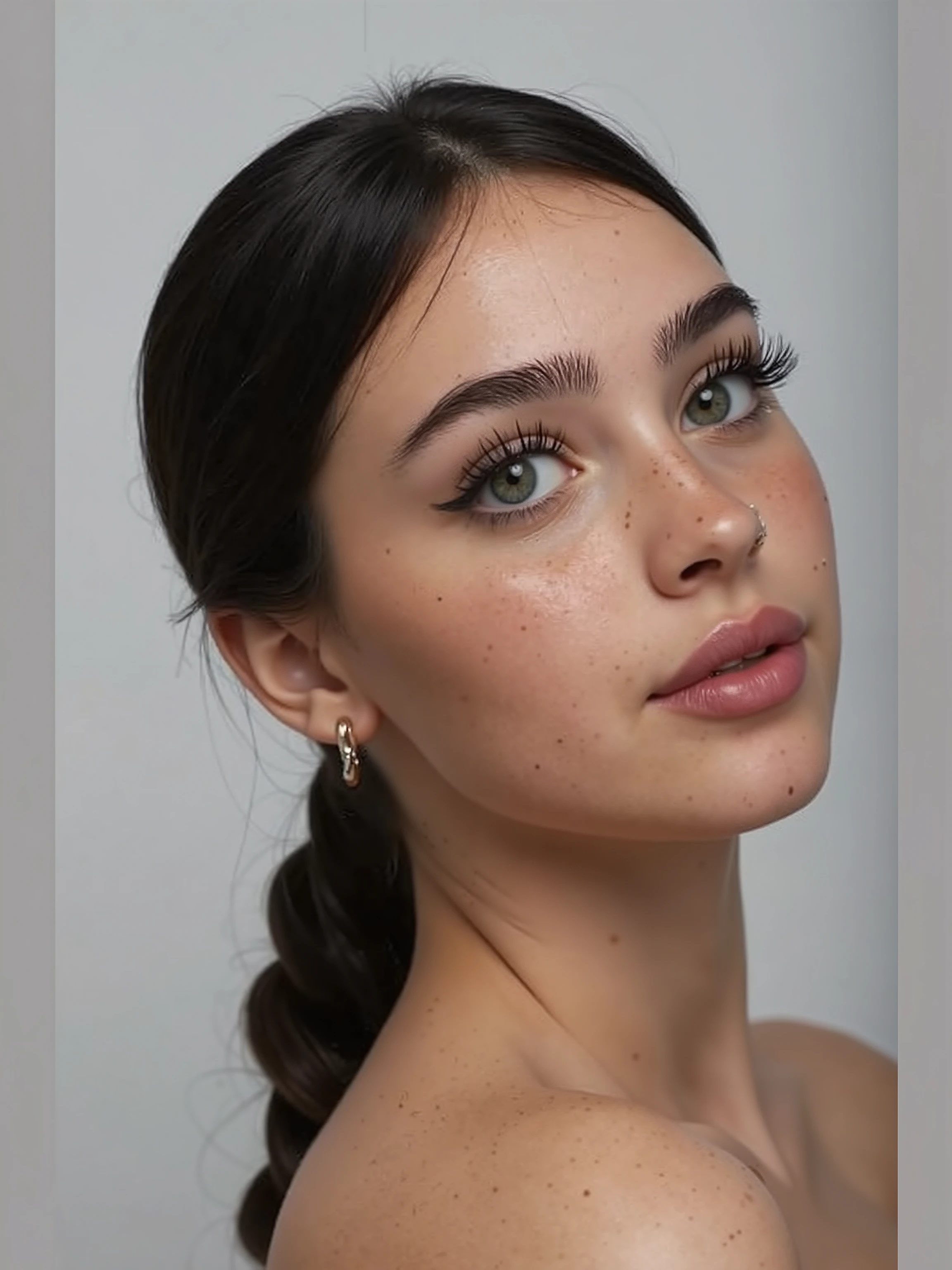 Very young sexy (brunette) girl 18-20 year old taking fashion photo and looking on camera, long eyelashes, luscious lips, oval face shape, perfect face, perfect hands with five finger, perfect nose, big breasts, firm breasts, taken in 2 0 2 4, Retrato Sophie Mudd, pose casual, 1, foto perfil, Kailee Mandel,, she’s have a hourglass fit body and natural breast