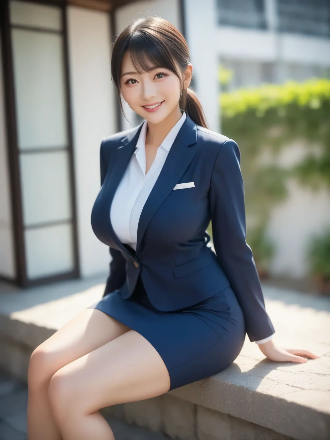 Top view、window、Crouching woman、Powder Room、Change of clothes、Bob hair、Navy blue suit、Short skirt、beauty secretary、Cleavage(Very large breasts、Very thin and long legs、Perfect figure、High heels、whole body、smile)、1 female、No makeup、23 years old、(masterpiece、8K,RAW Photos、High resolution:1.4)、The soft look enhances the calm expression of a woman.。