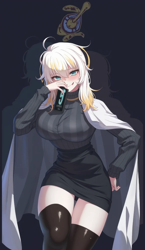 best quality, masterpiece, highres, solo, {black business suit:1.40}, {tie:1.20}, {sunglasses:1.25}, {white gloves:1.15}, {white shirt:1.10}, {black skirt:1.15}, {smoking:1.20}, handsome, {shining_arknights:1.15}, horns, long_hair, bangs, hair_between_eyes, pointy_ears, breasts, white_hair, upper_body, large_breasts, ponytail, very_long_hair, brown_eyes