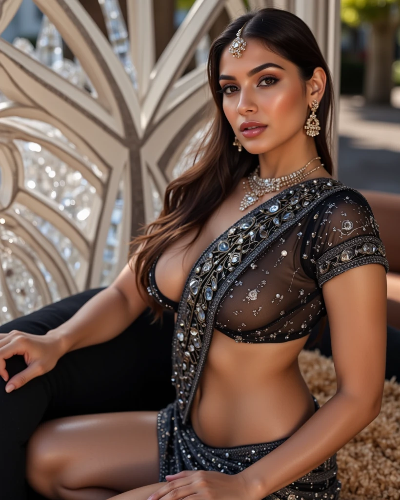 **Ultra-Realistic Image Prompt:**

Create an ultra-realistic image of a modern, attractive female influencer of Indian descent, aged between 27 to 30. She should have a warm and inviting smile, expressive almond-shaped eyes with a slight shimmer, and clear, glowing skin with a medium brown complexion. Her features should be well-defined, with high cheekbones and a sharp jawline. Her hair should be styled in soft, elegant curls pinned back with a delicate jeweled hairpin, and her hair color should be a messy bun.

She should have a slender yet athletic build, reflecting a healthy and active lifestyle, but with gigantic breasts (plump: 1.1), ensuring her chest is noticeably bigger.

She is wearing a luxurious gown made entirely of diamonds. The gown features a stunning, intricately beaded bodice with a plunging neckline and delicate straps, creating a glamorous and high-end appearance. The bodice is adorned with sparkling gemstones and fine beadwork, which cascades down into a fitted waistline. The skirt is made of shimmering white fabric that flows gracefully to the floor, adding elegance and sophistication to her look.

The background should be an opulent ballroom with rich, dark wood paneling, ornate chandeliers, and sophisticated decor, adding an air of grandeur and elegance to the scene. Her overall appearance should exude confidence, approachability, and sophistication, capturing the essence of a contemporary Indian fashion influencer in a luxurious setting.
