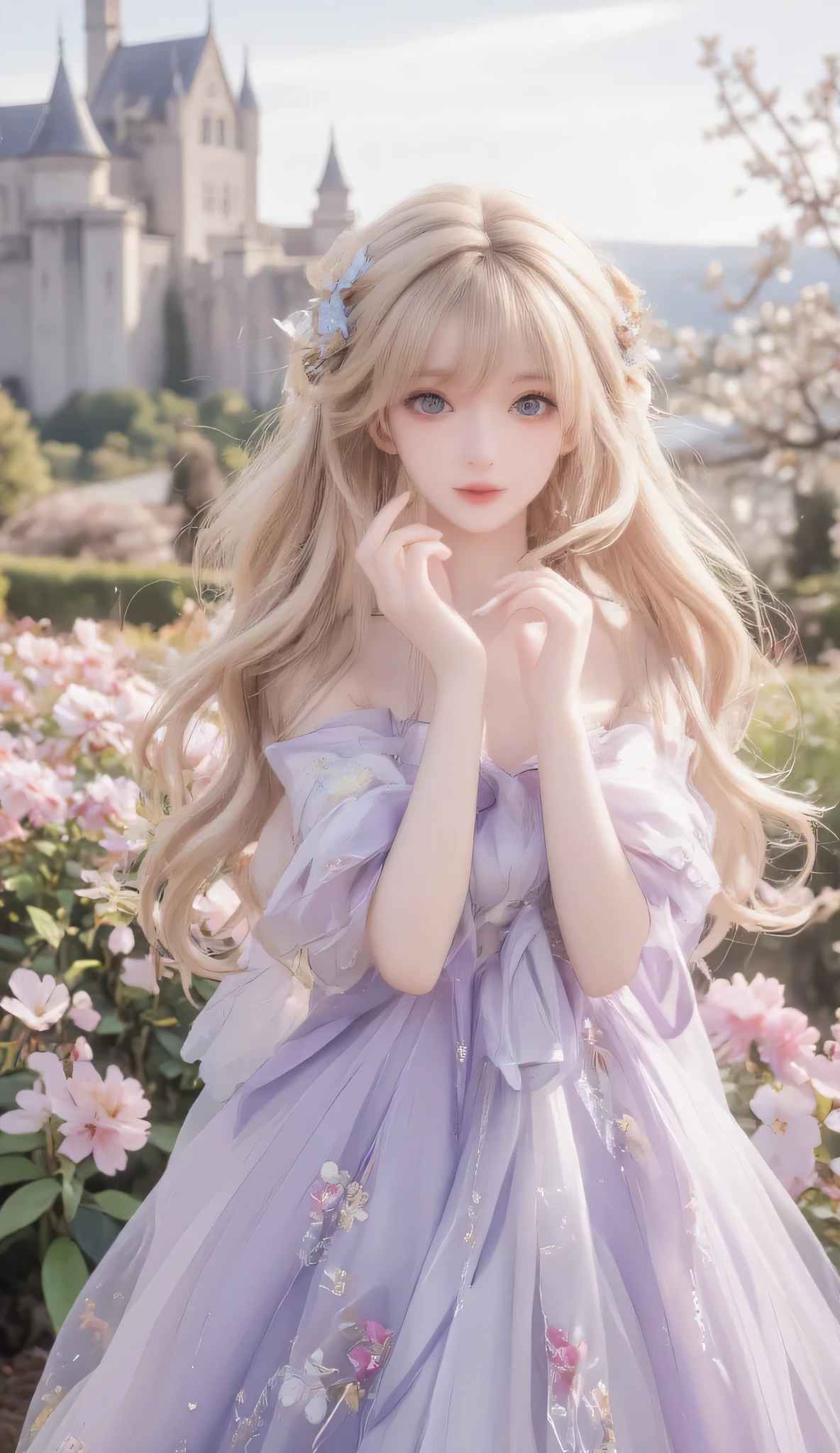 Masterpiece, Best Quality, Top Quality, Very Detailed, 1 girl, Beautiful anime princess with long flowing golden hair, wearing elegant lavender dress with floral details, standing in a blooming flower garden, medieval castle in background, soft warm sunlight, dreamy atmosphere, gentle breeze, enchanting eyes, intricate hair details, fantasy art style