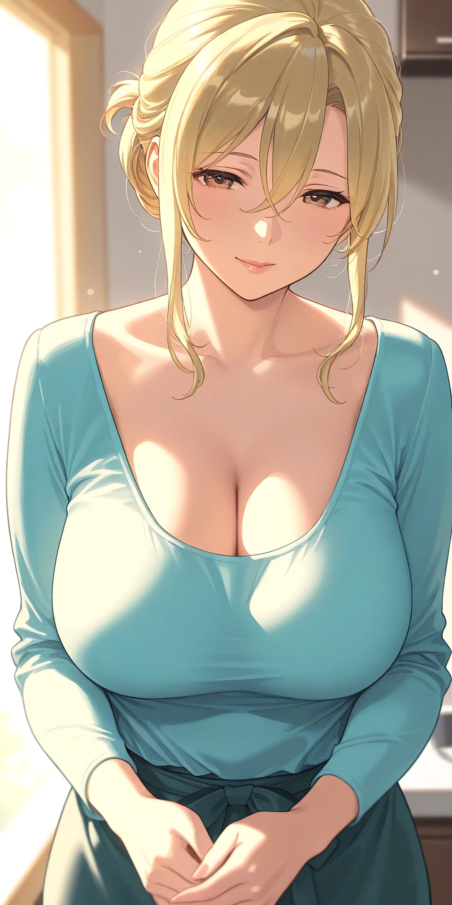 (best quality, highres, realistic), portrait, elegant mature woman, blue eyes,blonde hair, big breast, ultra detailed cg 8k, beautiful cg, soft light