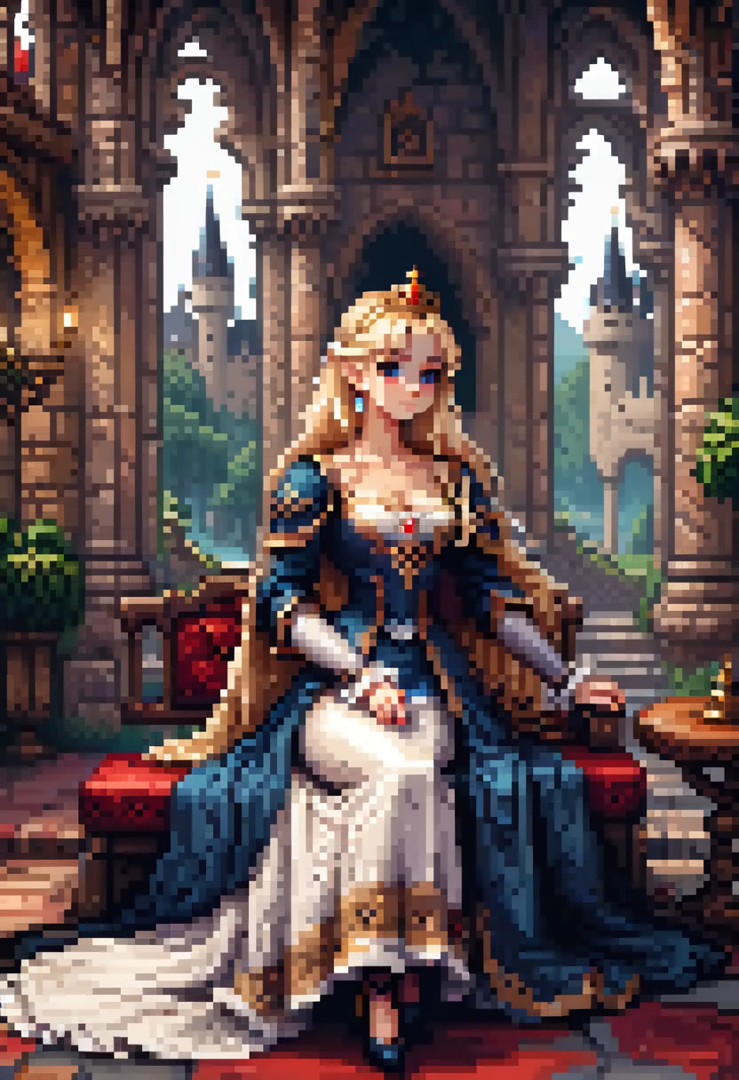 Create a character in a cartoon-style video game: a princess with a well-proportioned, curvaceous figure. She should radiate regal elegance and charm, with flowing hair and a beaming smile. Her attire is royal and enchanting, capturing the essence of fantasy. The environment around her is whimsical and vibrant, reflecting the magical realm she reigns over,