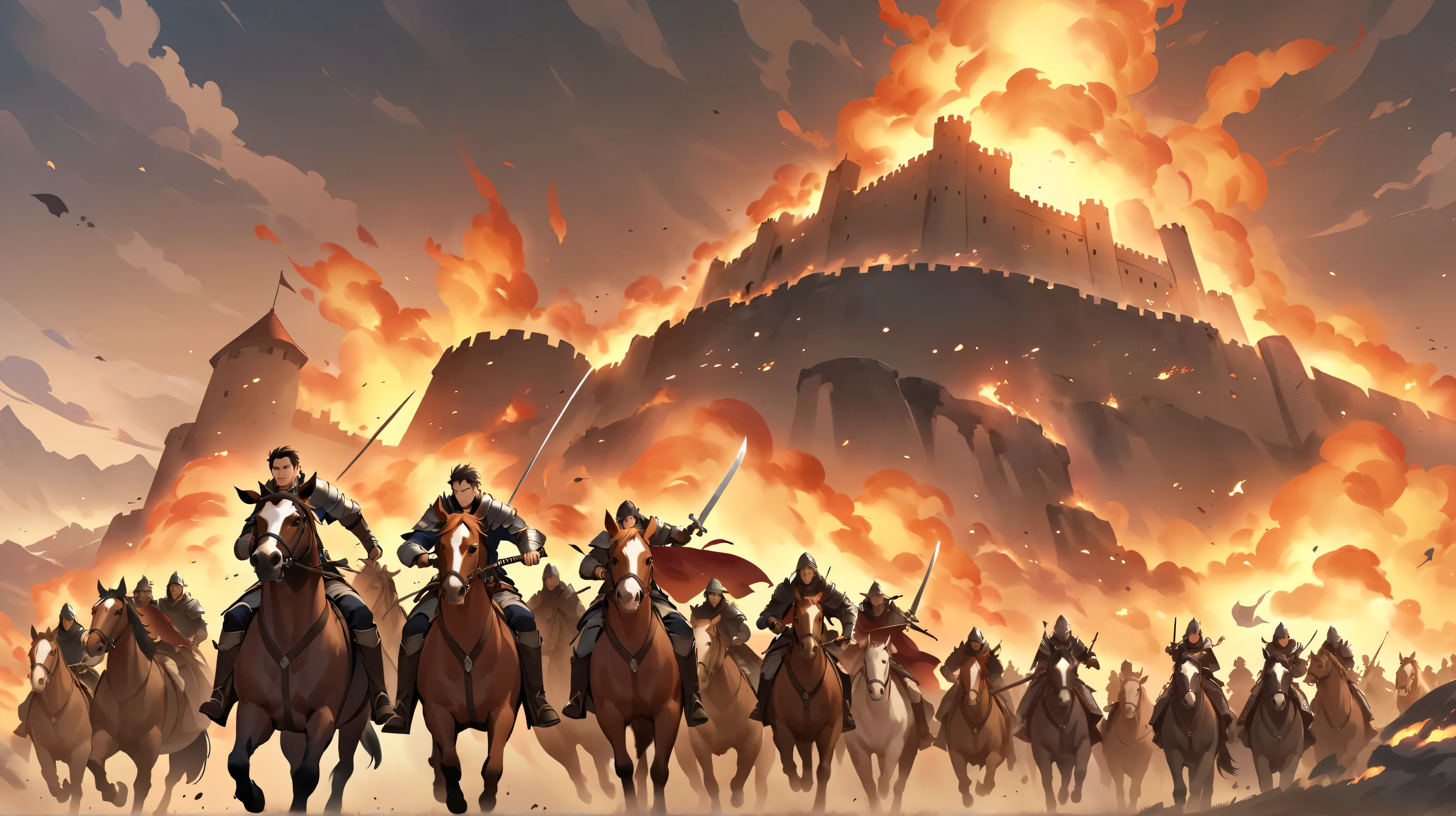 fantasy。middle ages。A young male warrior riding a horse and holding a sword while facing the enemy on the battlefield。A warrior who runs through a battlefield on horseback。The castle is burning in the distance。war。count4people。Enemies are coming。anime style。brave expressions。Lots of enemies and lots of friends。draw a face clearly。