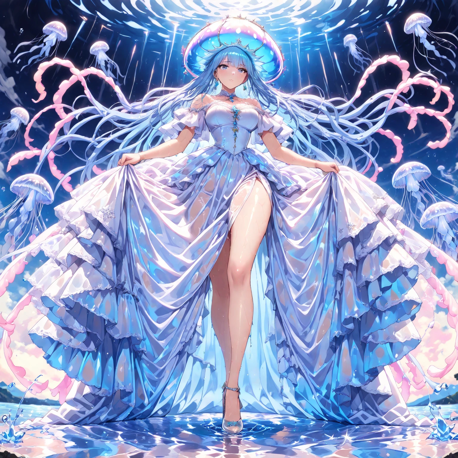 jellyfish woman, with a beautiful jellyfish dress, full body