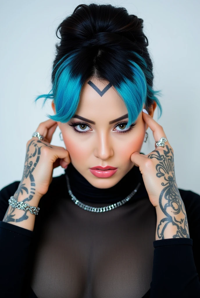 , fishnet clothes, influencer, semi-transparent, full photo, on a young beautiful woman neck, 1 female, uncropped, arik roper, girl, <lora:Krokodeal-000008:1>