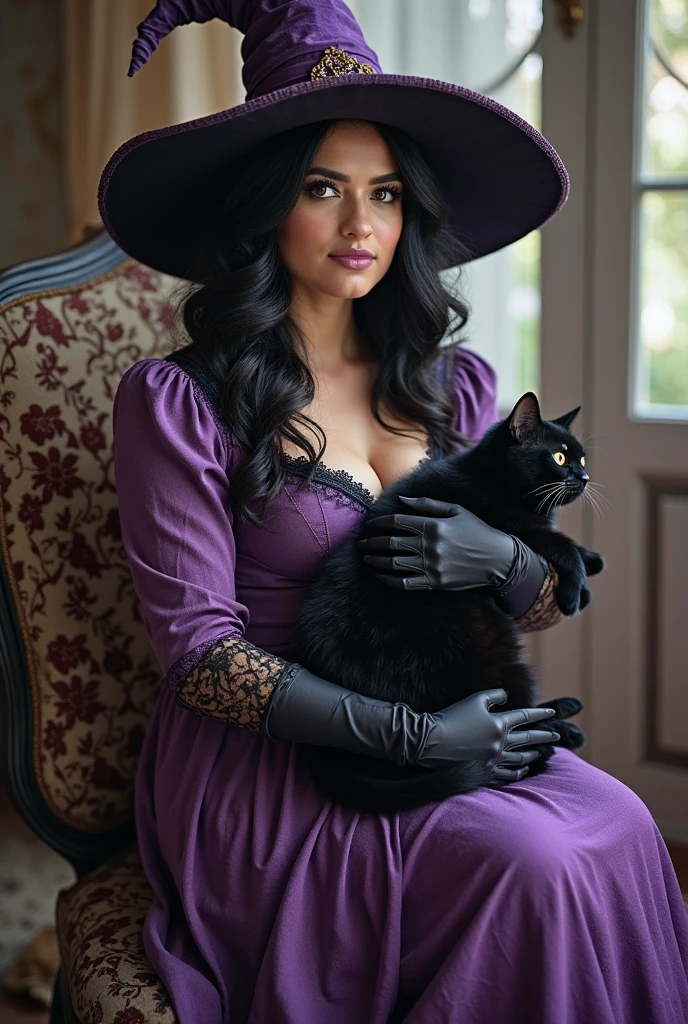 tiktok photography medieval witch and her cat, black-grey (loose, open robes), (small hat), (woman), shiny eyes, pearl skin, intricate detail, lace, medieval architecture, (library), (professional), Intricate material, coarse, High Detail, patterns, runes, (runic face tattoos), carvings, (slim:1.3), thin, glowing mystical, Sharp focus, dramatic, hands on hips, ( long black hair ), spells, red-yellow-green colors, bracers , angry pose, (scar:0.9), (pores:1.2), (amateur:1.1), posing with a (([cat:tiger:10] on a table)), 8k detailed ((photography realistic masterpiece award winning)), painting, cute girl, anime