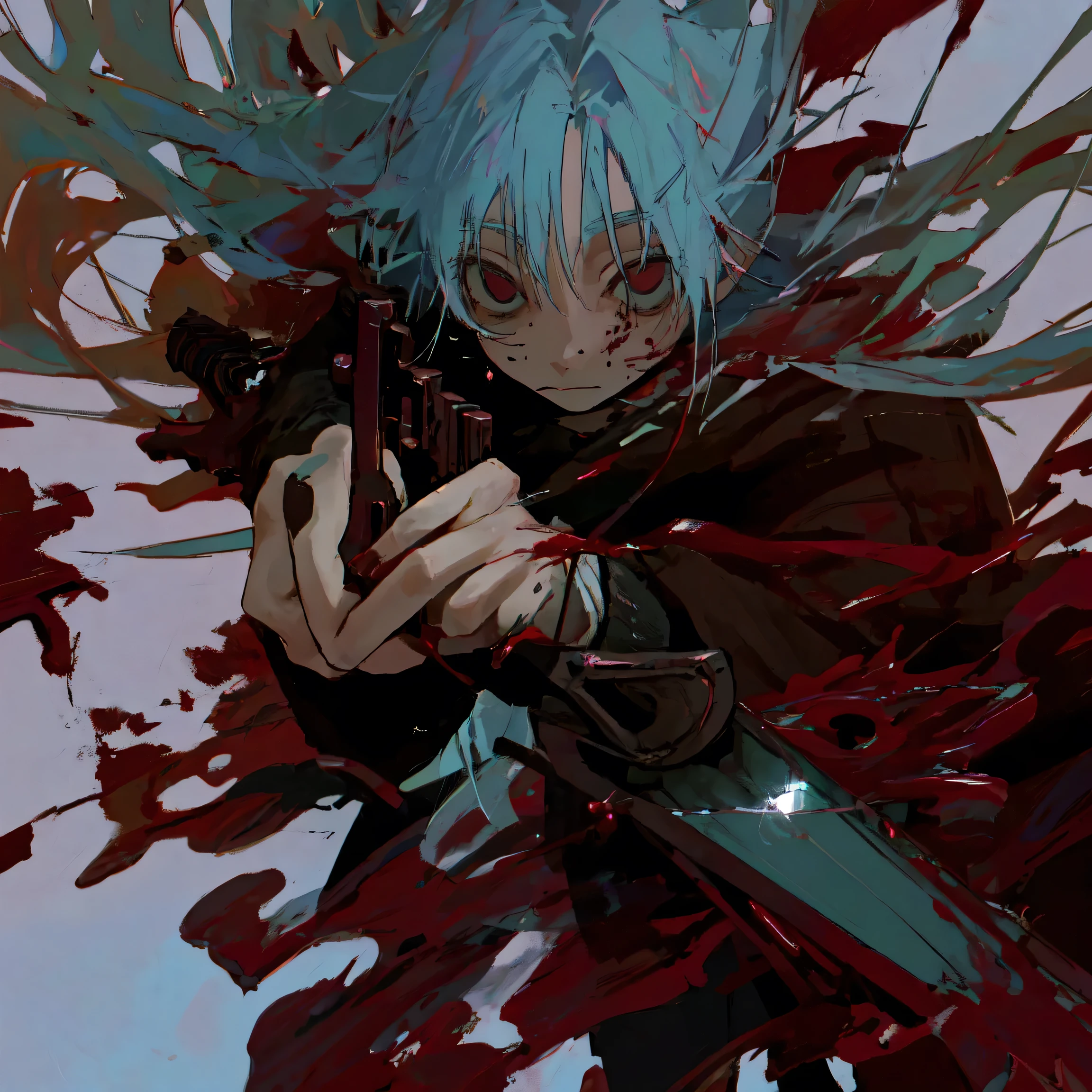 high quality DVD,4K,Extreme Detail,realistic,Concept Art,gloomy,Sword language, consciousness, to repair, to talk about loving someone, Deepen the desire to trust, 1 girl, alone, Magic Hair, Rainbow Illusion Hair, tinted eyes, gun, Black Jacket , Burst blood, Dangerous Atmosphere, Violent Theme, Dark Scene, Fantastic Color, Mysterious Light, Strong Emotional Expression