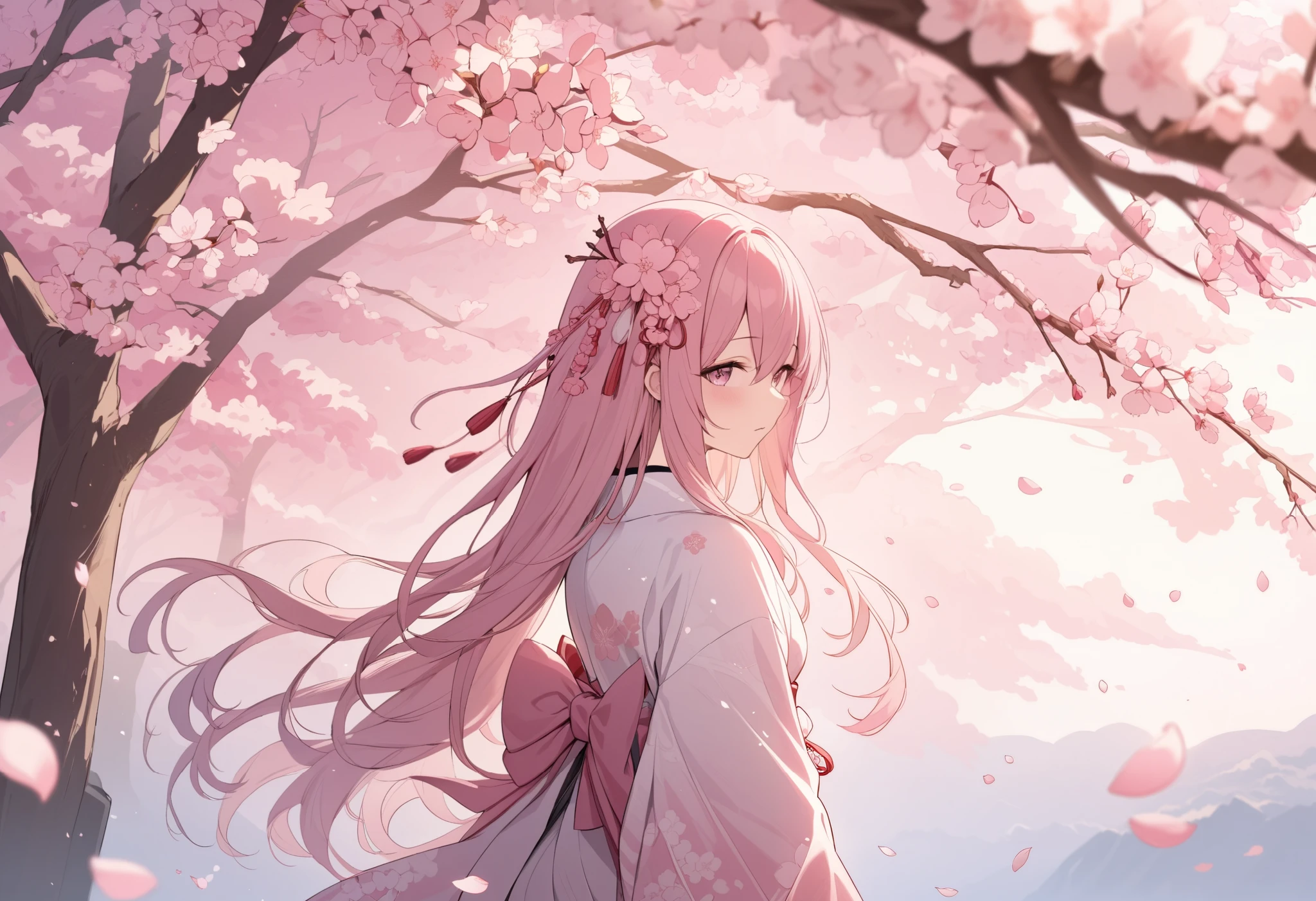 ((masterpiece)), accurate, textured skin, ((super detail)), high quality, high details, highres, best quality, A divine goddess of cherry blossoms in Eastern mythology, wearing a flowing sakura-colored kimono. Her long, silky hair is the soft pink shade of cherry blossoms. She stands gracefully in a serene landscape filled with fully bloomed cherry trees, celebrating the arrival of spring. A mystical morning mist envelops the scene, enhancing the ethereal atmosphere. Delicate cherry petals float gently through the air, illuminated by the soft, diffused morning light