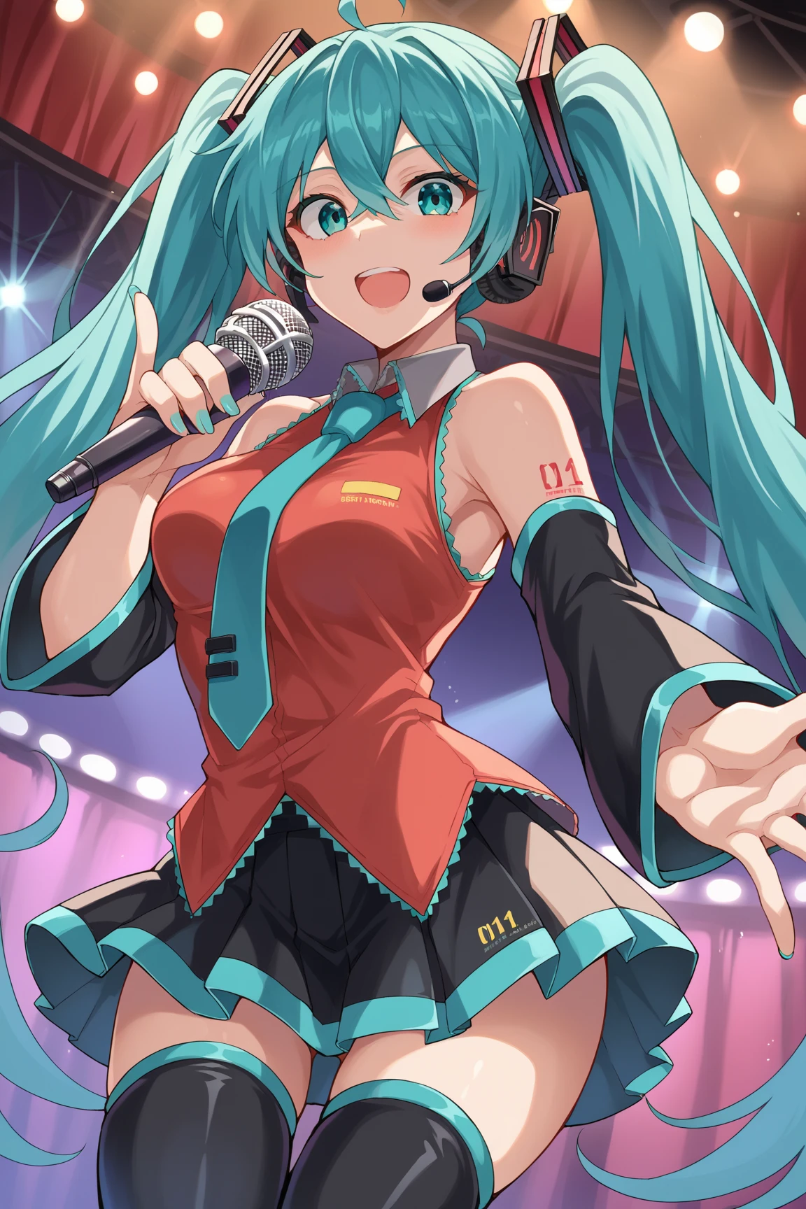 masterpiece, best quality, highly detailed, (Hatsune Miku:1.2), happy, at concert, microphone, (upper), (small breast:1.1), cleavage, adorable, blush, solo, (thick artline)