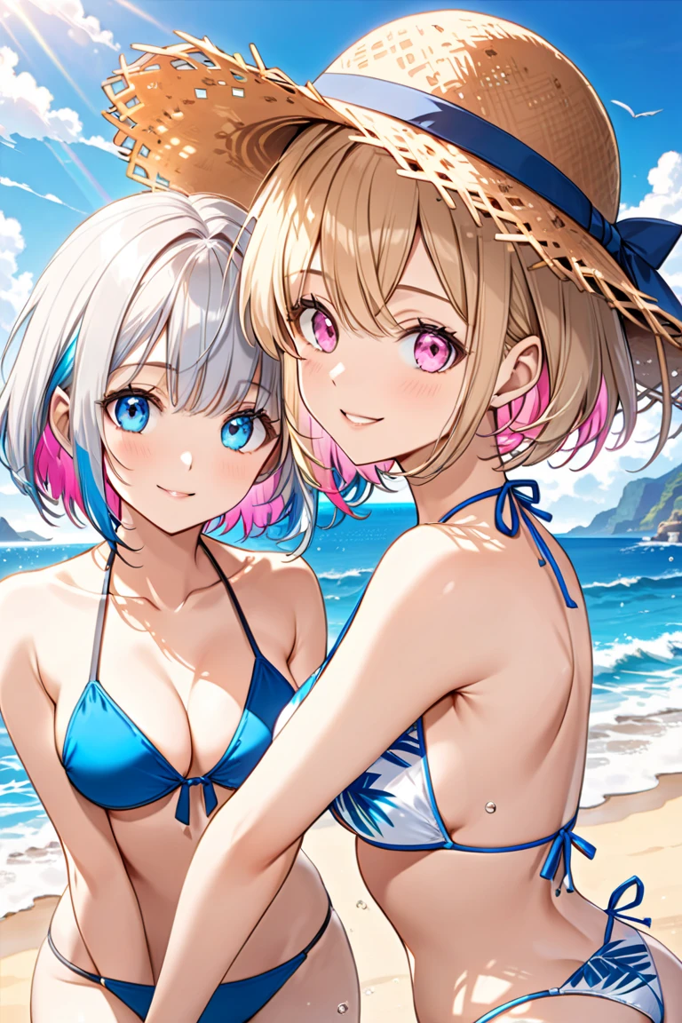 2 girls, NSFW, beach, micro g-string micro bikini, blonde red eyes straight hair, white hair blue eyes medium short hair, big breasts, sweaty, blushing, Kyoani
