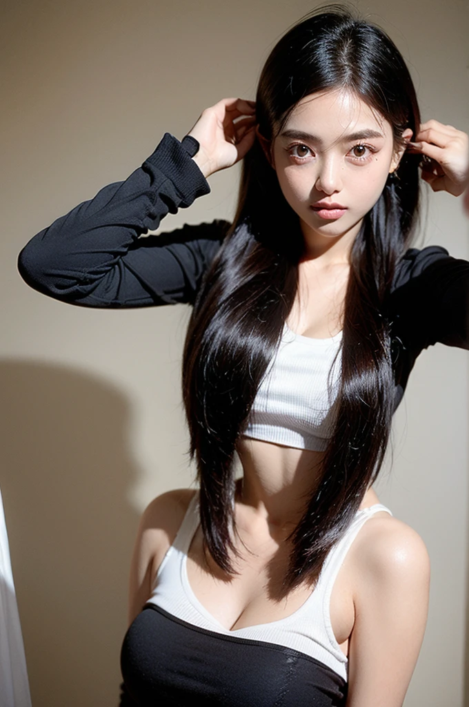 1 gorgeous girls, Use crop top, Asian face, long hair, open stomach, Open waist, Wearing a dress with an open stomach, Has a mole under the left eye, full body show.