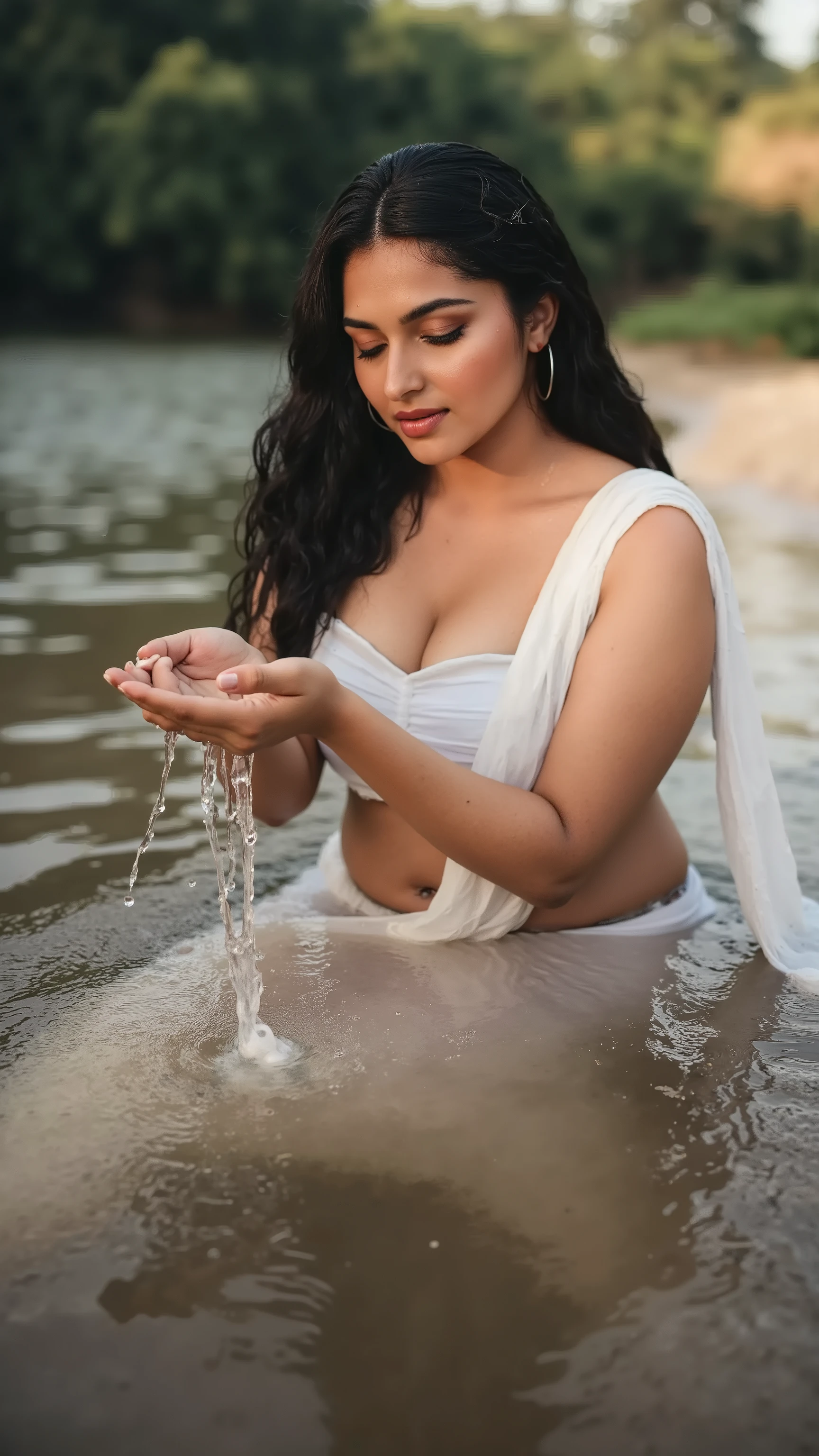A cute and angle beauty big size plus size open dips her hands into the cool water, splashing it onto her face, the water sparkling in the sunlight, cinematic UHD
