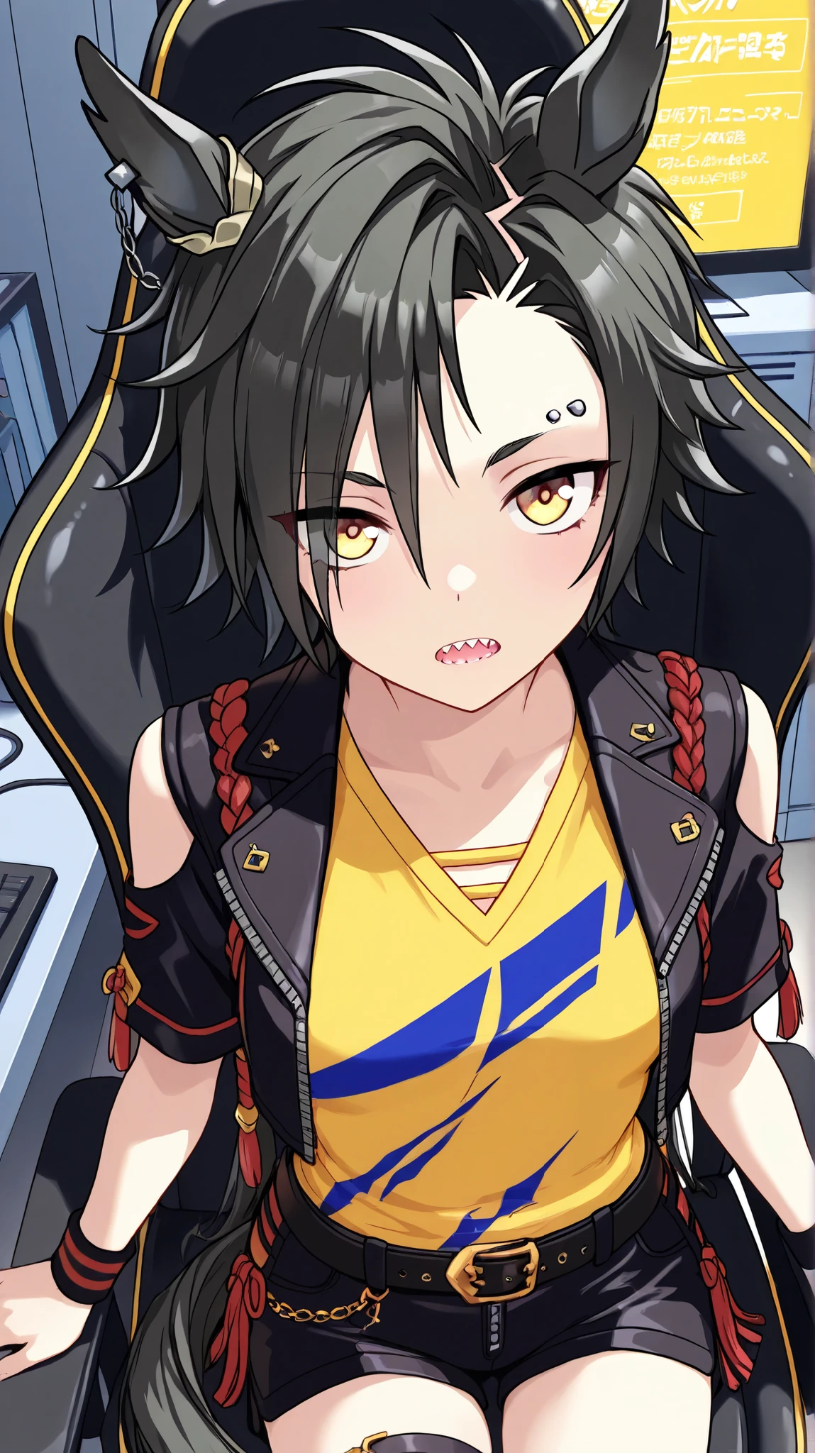 air shakur,umamusume
High quality , best quality , masterpiece, High Resolution , detailed face( LoRA: air shakurdef),anatomically correct, detailed hair(LoRA: air shakurdef) ,detailed bangs(LoRA: air shakurdef),anime
coloring
solo, 1 girl, Adult woman, cool woman
horse tail, sharp teeth, asymmetrical bangs, horse ears, ear ornament, yellow eyes,
black jacket, cropped jacket, shoulder cutout, open jacket, short sleeves, yellow color V-neck shirt(yellow shirt), clothing cutout, black shorts, short shorts, belt, thigh strap, eyebrow piercing, ear piercing, wristband, Small breasts,slender
close up , looking at viewer ,from above,upper body
Server room, gaming chair, personal computer
open mouth, Expressionless