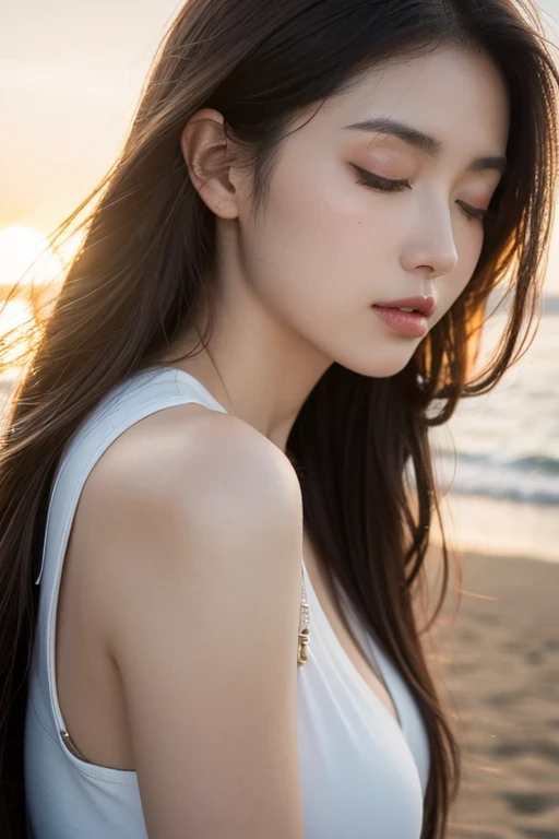 masutepiece, Best Quality, Illustration, Ultra-detailed, finely detail, hight resolution, 8K Wallpaper, Perfect dynamic composition, Beautiful detailed eyes, Wear a dress, Natural Color Lip,Beach, Random and cute poses, Kissing face,Close your eyes,Face Kiss Viewer,Perfect and beautiful face,Cute,Sexy face,Sunset,A face that felt ecstasy,Feminine face,Expression of excitement climax having sex