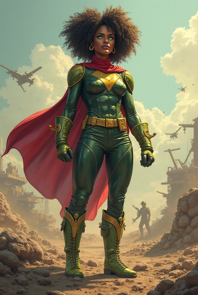 Black girl superhero comic. two panels. First I'm waking up from bed Speech bubble Saying what's that noise second panel in her superhero costume flying above Green Monster destroying city