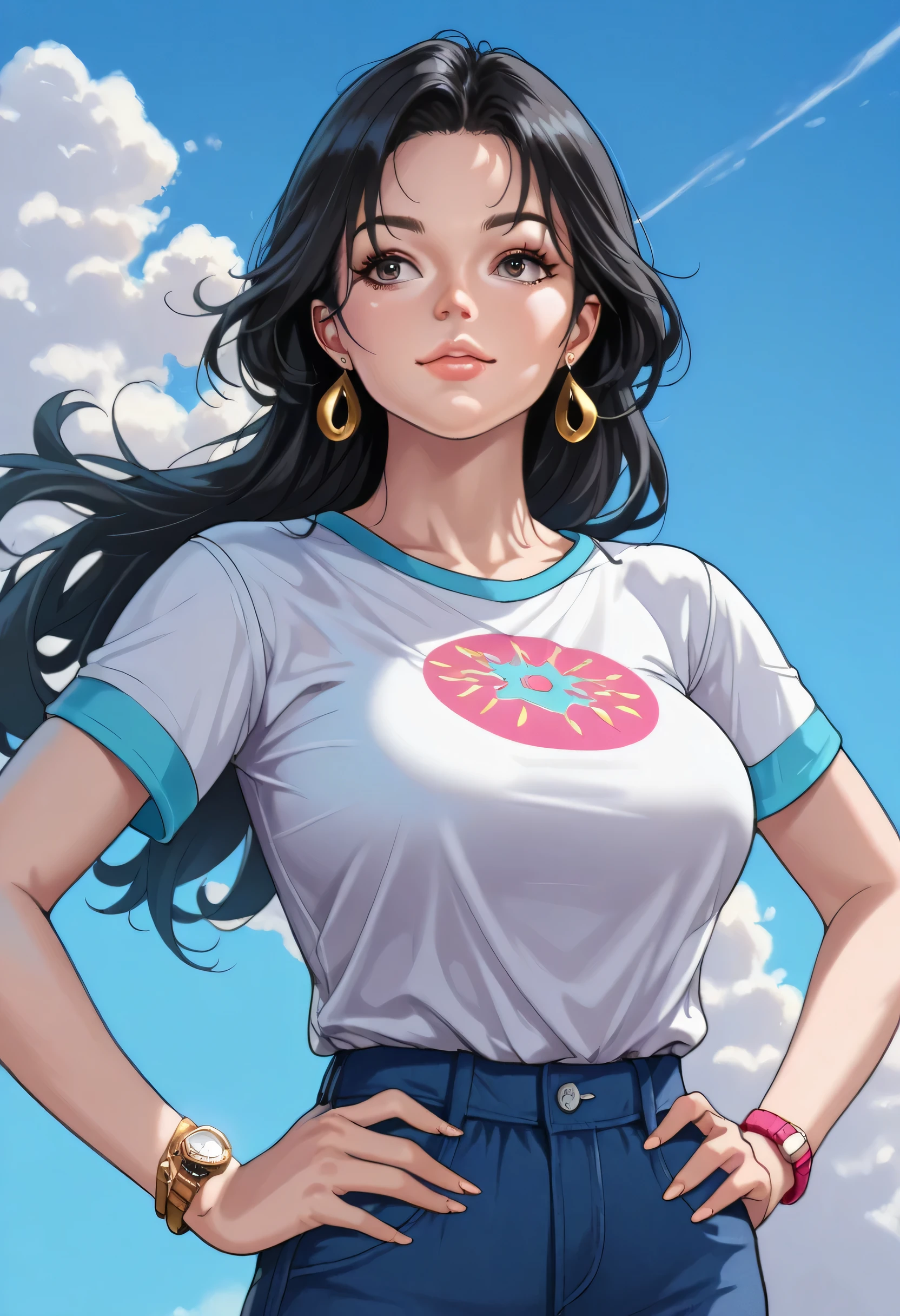 watch, wristwatch, 1girl, jewelry, bracelet, hand on hip, solo, shirt, blue background, wristband, blue sky, earrings, hands on hips, sky, black hair, lips, t-shirt, bangle, realistic, day, long hair, nose, short sleeves, (large breasts:1.3)