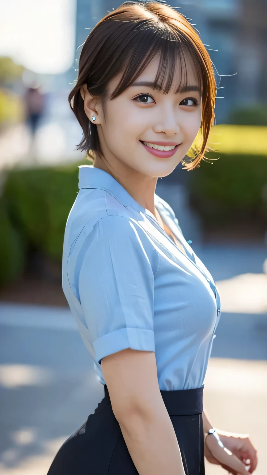 masterpiece, Best Quality, Photorealistic, fine grained, high resolution,Beautiful Japanese Women, beautiful detailed eyes, Beautiful Detailed Lips, very detailed face, small head, cinematic lighting, Photorealistic, 8k, high quality DVD, Super Detail, look at me, smile, (dress shirt), (Pencil Skirt:1.2), (short hair:1.1), (outdoor random locations), (medium breasts:1.2), (full body:1.3), slender, Beautiful Legs, (Chest:1.3), (sexy pose), miniskirt, (Bokeh:1.2)