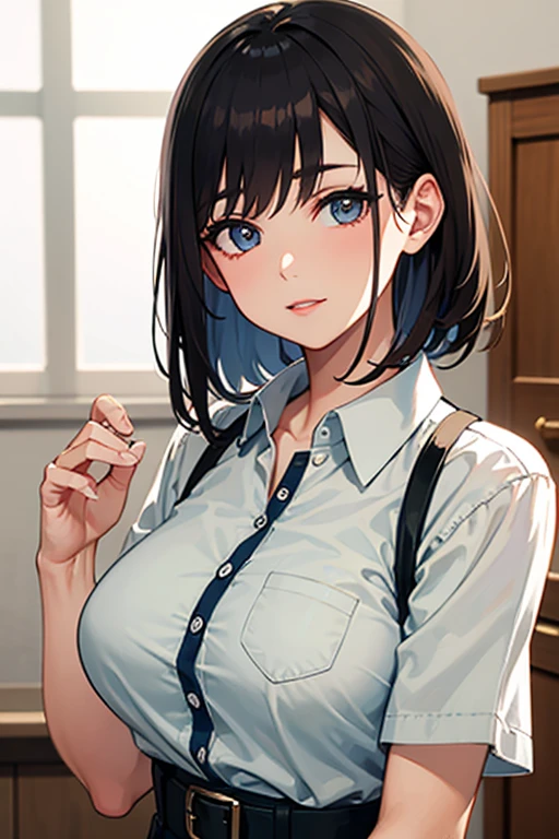 ((masterpiece)),(best quality),(detailed),(1girl), blue hair, blue glowing eyes, Updo, white shirt, black skirt, looking down on the viewer