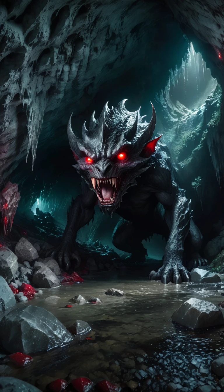 detailed fantasy creature, dark cave, bright red eyes, malevolent presence, mysterious atmosphere, dramatic lighting, Dark shadows, changing tones, cinematographic composition, Hyper realistic, 8k, high quality, Masterpiece