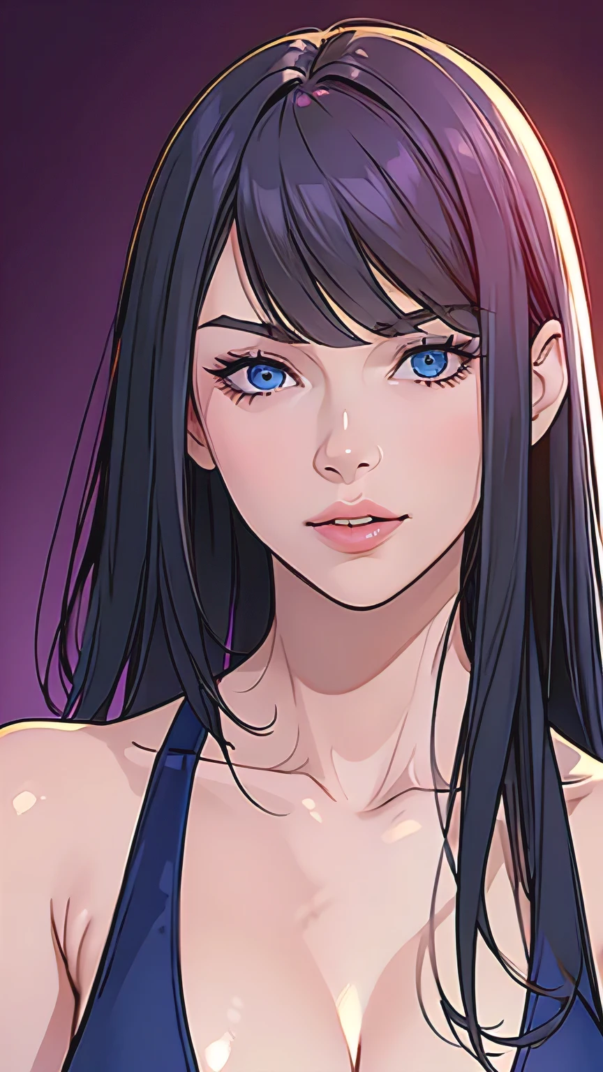 {8k image}, 1beautiful mature woman, 35 years old, pointed nose, fleshy lips, triangular face, big hair with bangs (wine), blue eyes, {looking directly at the viewer}, {facing forward}, {perfect anatomy}, {image focused only on the face}, {face portrait}, purple background
