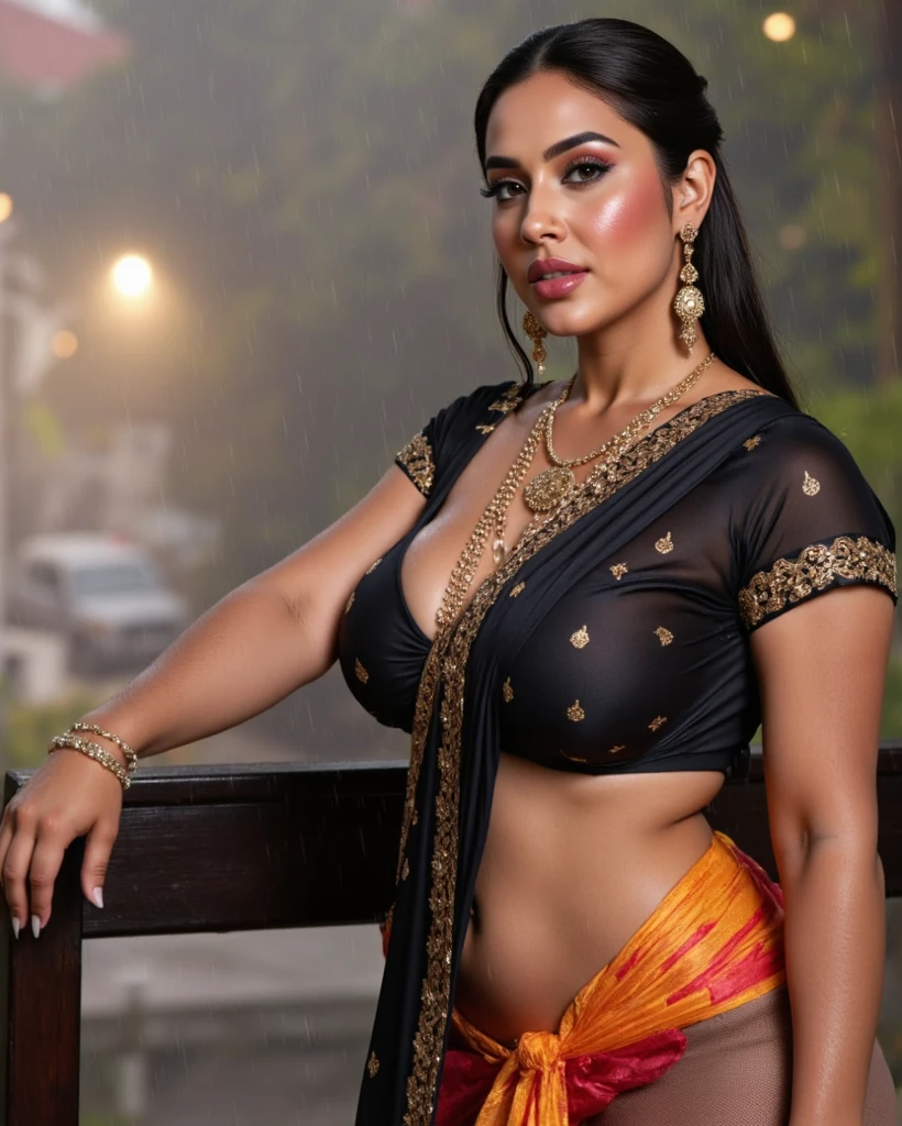 Hot and sexy indian aunty, gigantic breasts, cleavage, in blouse and paavada showing medium chubby navel and cleavage standinng in street, standing & model pose, beautiful body, masterpiece, ultra realistic,detailed, 16 k , Film type light, potrait photography,camera angle front, looking at viewer, navel exposes, milfy figure