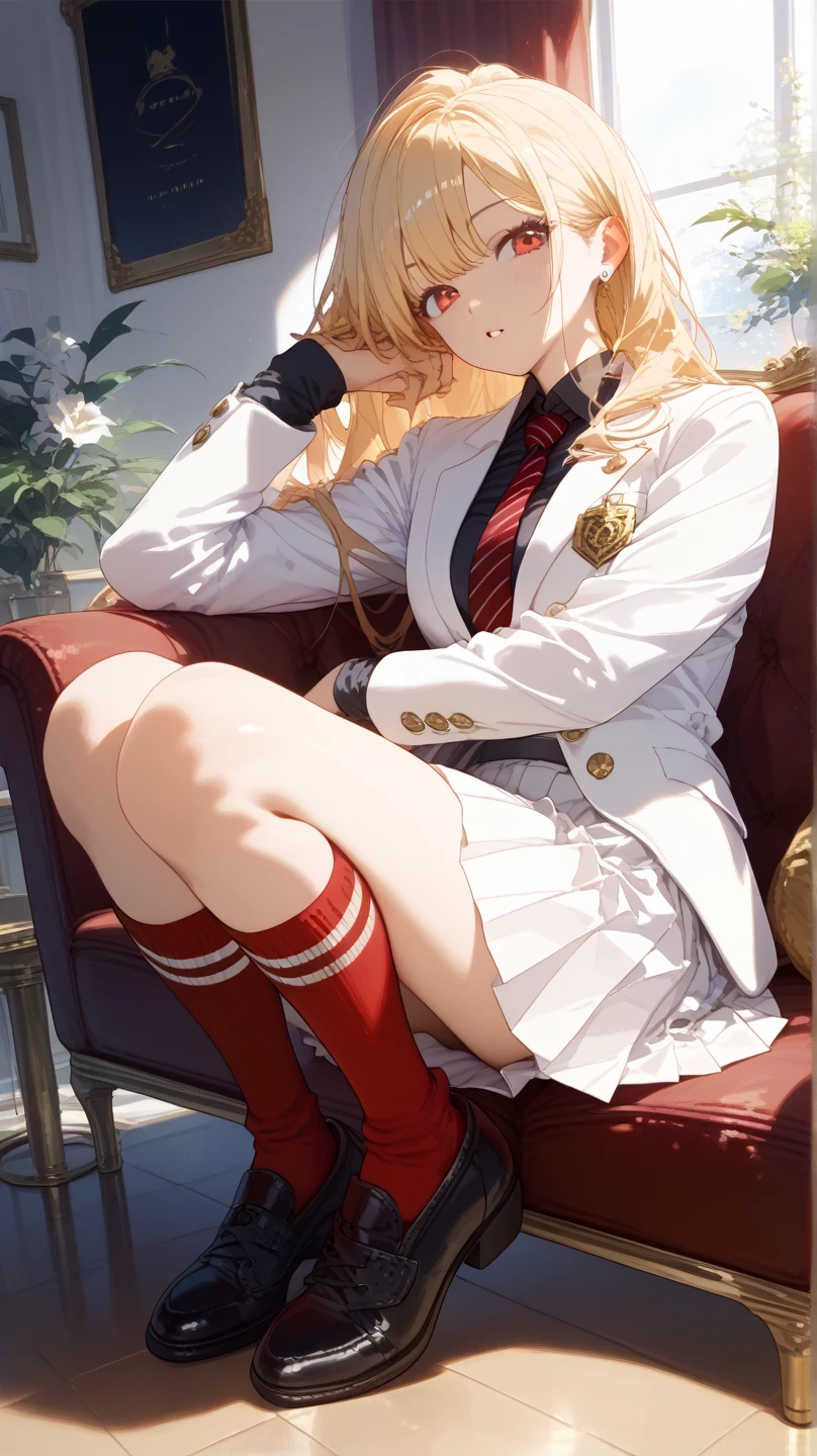 (masterpiece:1.2, highest quality), woman, 16 years old,one person,school uniform,blonde,twin tails,red eyes, (black skin),open chest,Big breasts,beautiful hands,beautiful fingers,luxury chair,sit with knees close together,JK