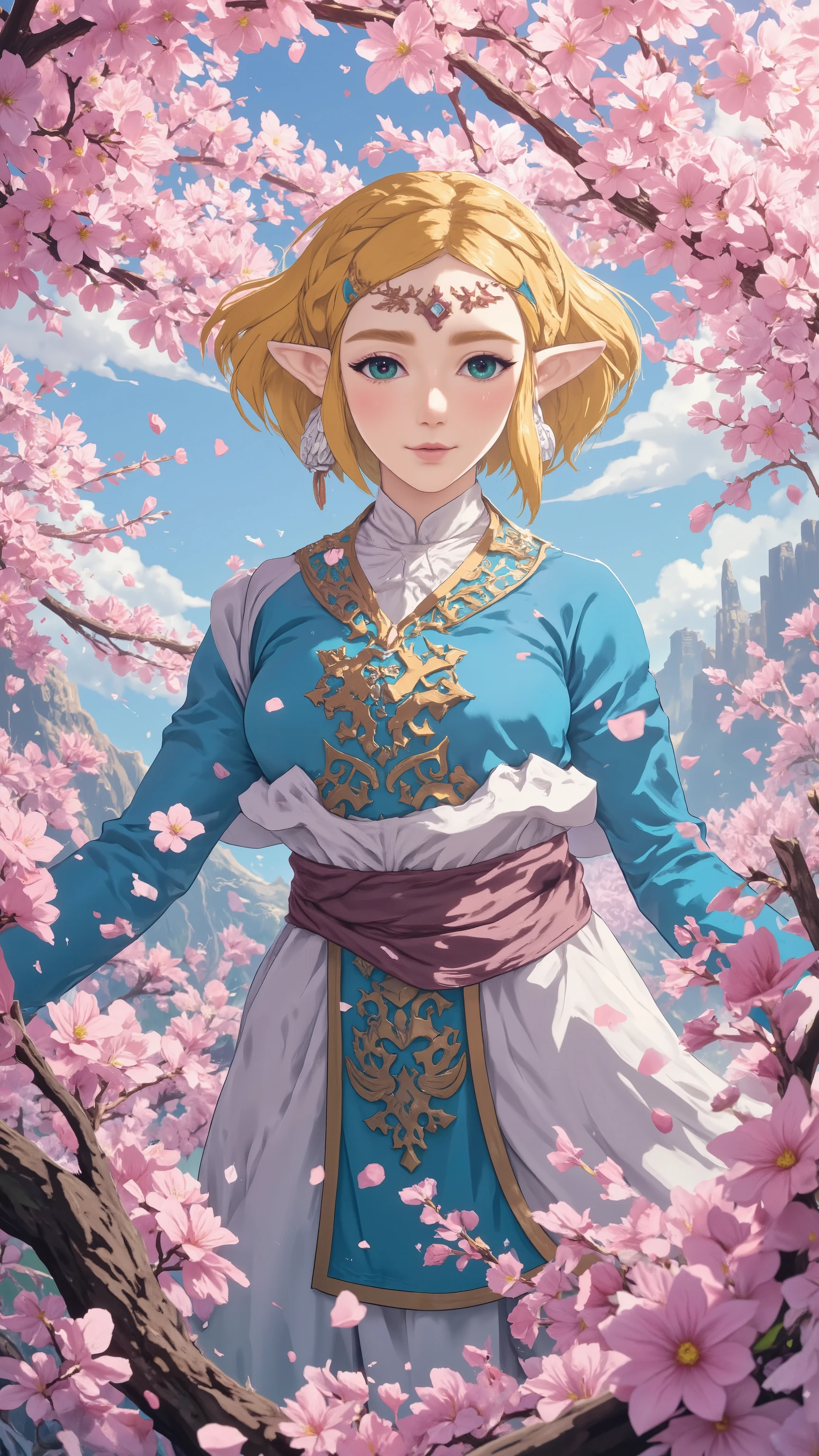 Cherry Blossom Sea, highdetailed cherry blossoms, masterpiece, Zelda Rising Goddess of Cherry Blossoms