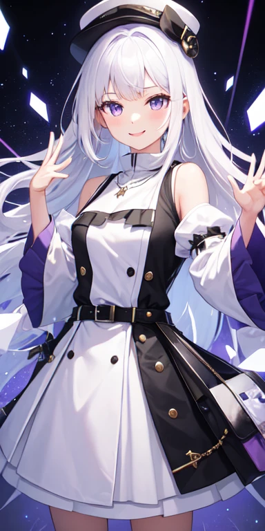 Masterpiece, of finest quality, showcasing a solo girl with a captivating female focus. Her ahoge, a charming trait with white and very long hair, cascades down her shoulders. Her golden eyes shine brightly, framed by a clear and inviting smile with an open mouth.

She wears a crisp, white buttoned shirt, the gap between the buttons adding a touch of playfulness to her outfit. Beneath, she dons a short black skirt that complements her youthful charm. In a standing pose against a pristine white background, her arms rest gracefully behind her back, showcasing a dynamic angle that intrigues the viewer.