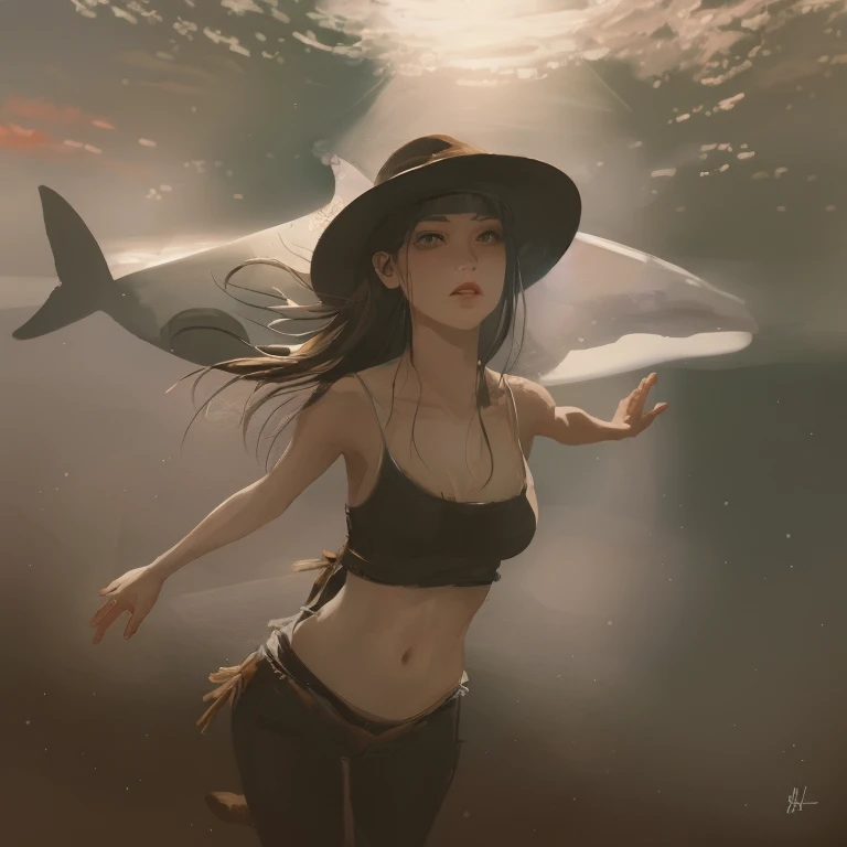 (Best Quality, Masterpiece: 1.4), (Realism: 1.2), (Realistic: 1.2), 4K, Detailed, Ultra Detailed, Detailed Face, (Ultra Detailed Eyes: 1.2), Sea of Clouds, Beauty, One-piece Swimsuit, Bare Back, High Split End, Long White Legs, Floating, Long Black Hair, Cat Ears, School of Fish