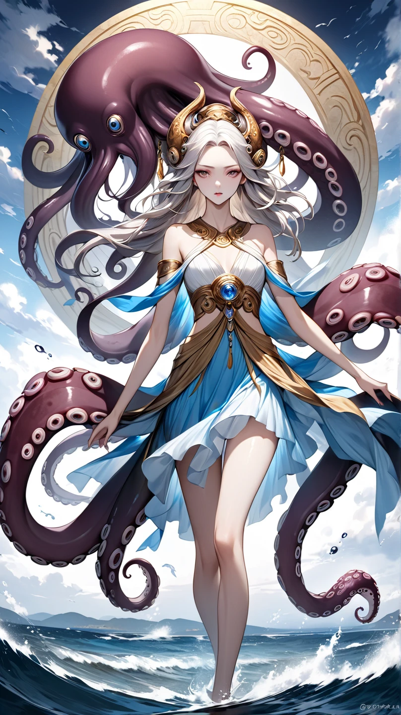 (tmasterpiece,top-quality,best qualityer,aquarelle(Curly),offcial art,Beauty and aesthetics:1.2),(1girl:1.3),(s fractal art:1.3),Medusa, Snake hair, hyper HD, Dynamic lighting, 1girll, Dark pink eyes, Hair up, White and tender skin, Soft white hair, full bodyesbian,looking at viewert,patterned,Barefoot,Open navel,Long hair is calm and natural, Koi,Underwater, Dome,Dynamic actions,Eau,liquids,clouds,colorful,Starry,As estrelas,
