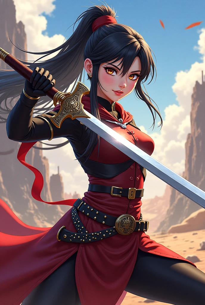 thief Girl Thief Wearing a red outfit and cape 走っているwhole bodyの姿 She has a cute smile samurai Hold the sword whole body AI images
