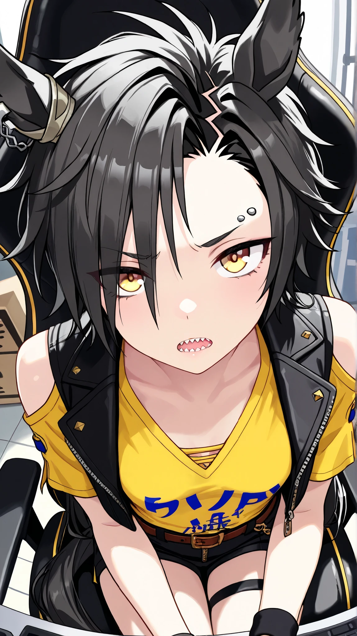 air shakur,umamusume
High quality , best quality , masterpiece, High Resolution , detailed face( LoRA: air shakurdef),anatomically correct, detailed hair(LoRA: air shakurdef) ,detailed bangs(LoRA: air shakurdef),anime
coloring
solo, 1 girl, Adult woman, cool woman
horse tail, sharp teeth, asymmetrical bangs, horse ears, ear ornament, yellow eyes, furrowed brow
black jacket, cropped jacket, shoulder cutout, open jacket, short sleeves, yellow color V-neck shirt(yellow shirt), clothing cutout, black shorts, short shorts, belt, thigh strap, eyebrow piercing, ear piercing, wristband, Small breasts,slender
close up , looking at viewer ,from above,upper body
Server room, gaming chair, personal computer
open mouth, Expressionless